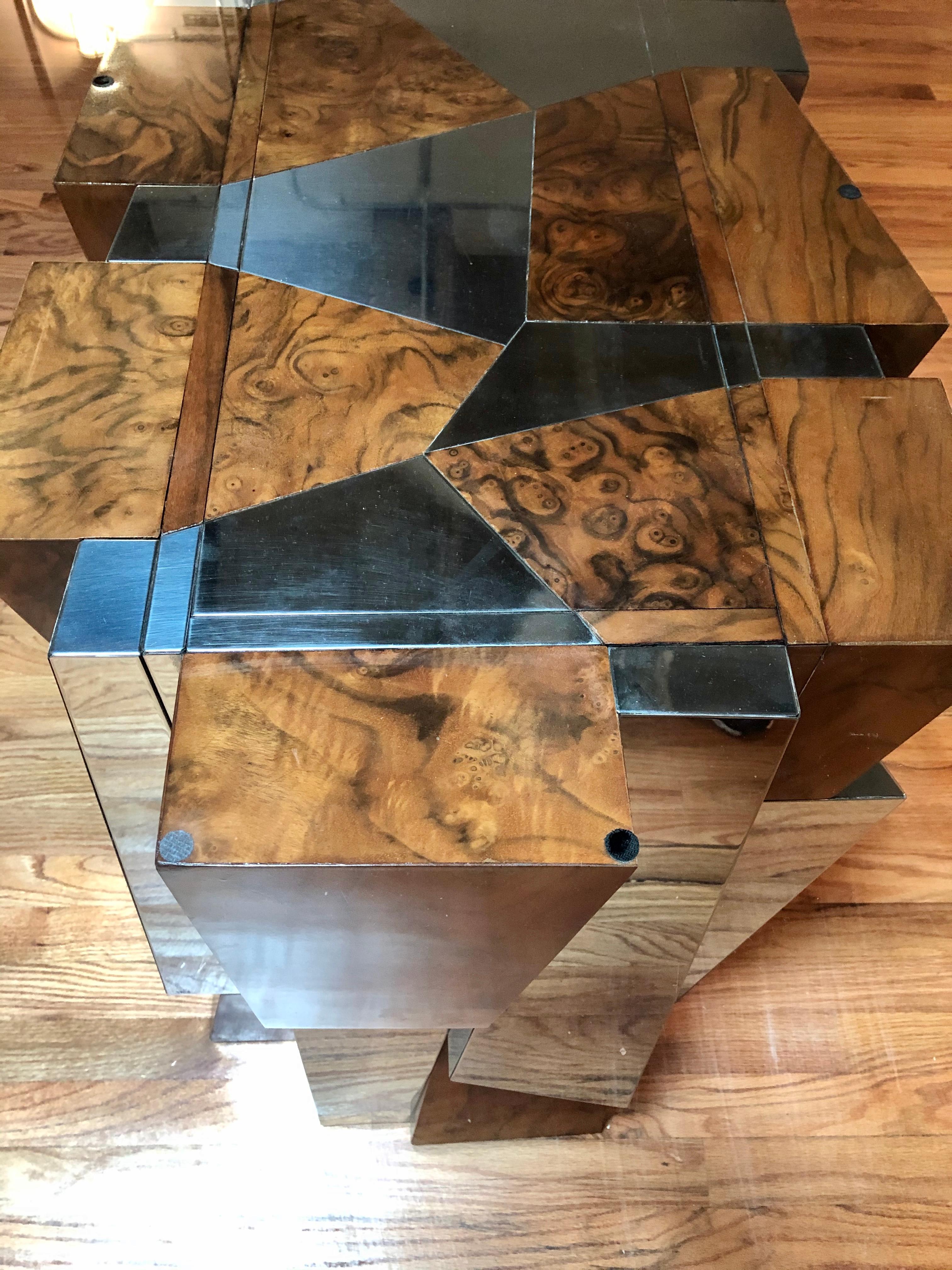 Lacquered Paul Evans Faceted Burl Wood and Mirrored Chrome Dining Table