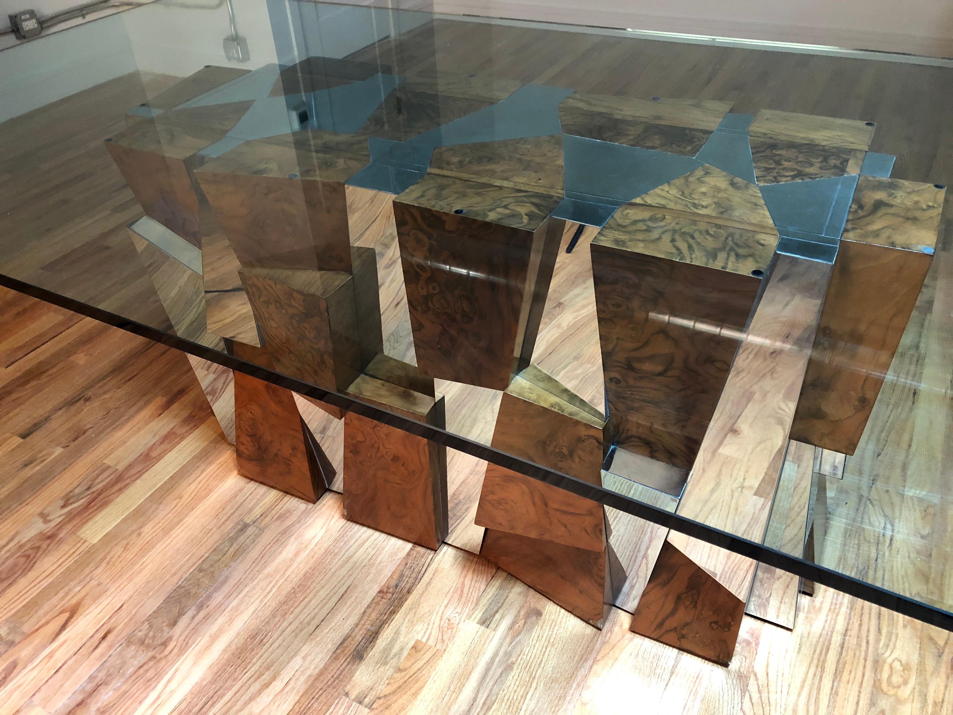 Paul Evans Faceted Burl Wood and Mirrored Chrome Dining Table In Good Condition In Chicago, IL