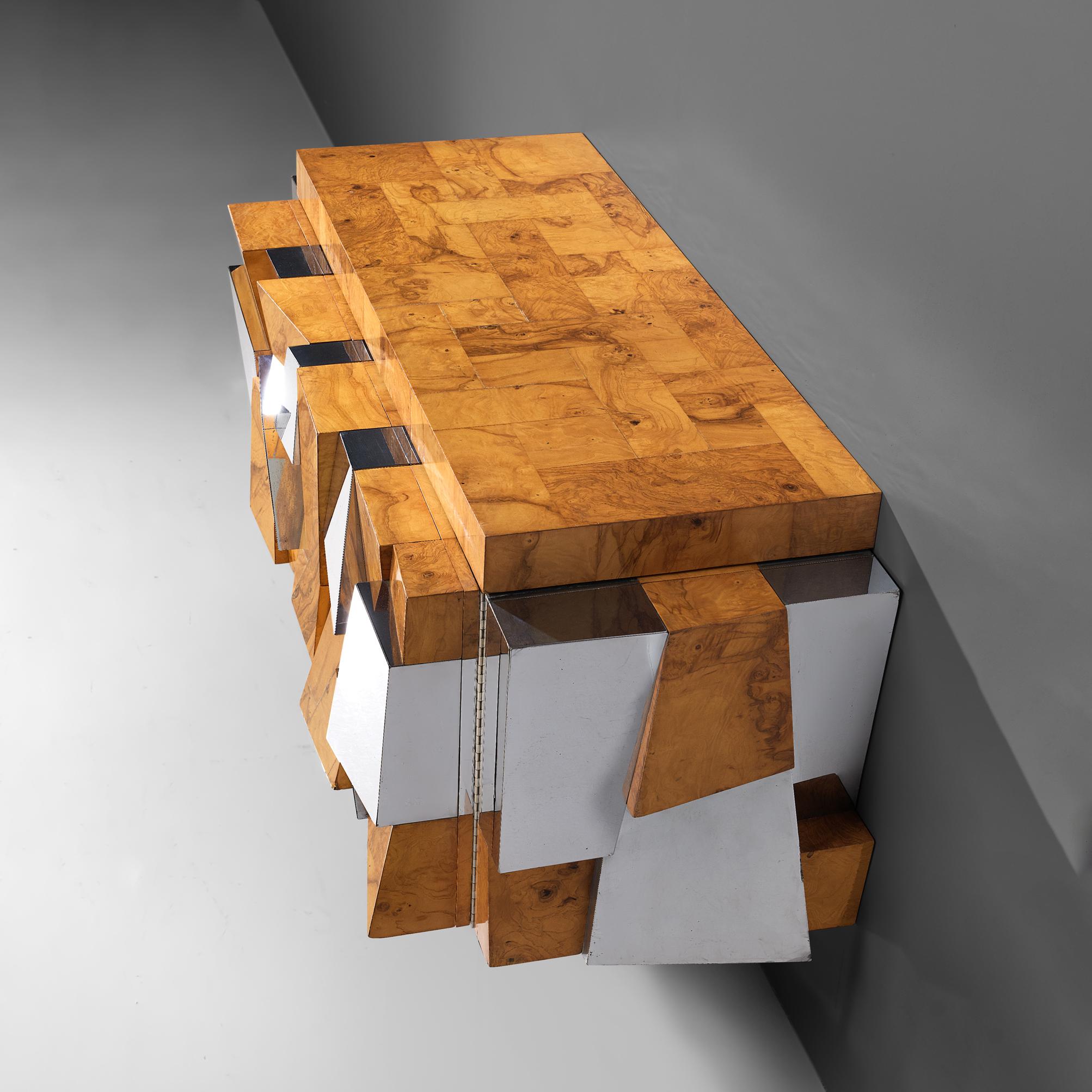 American Paul Evans 'Faceted' Wall Cabinet in Chrome and Burl