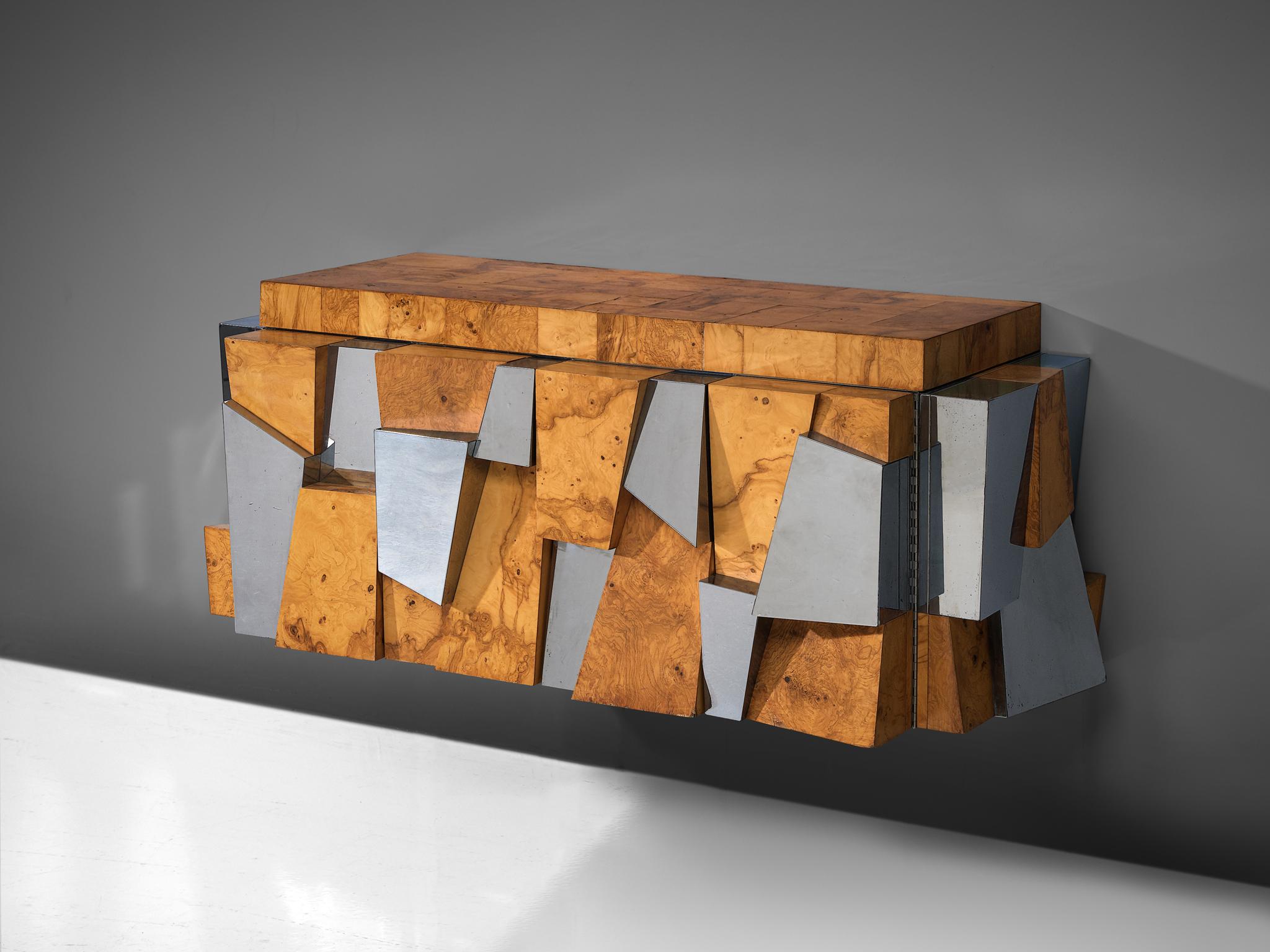 Paul Evans 'Faceted' Wall Cabinet in Chrome and Burl In Good Condition In Waalwijk, NL