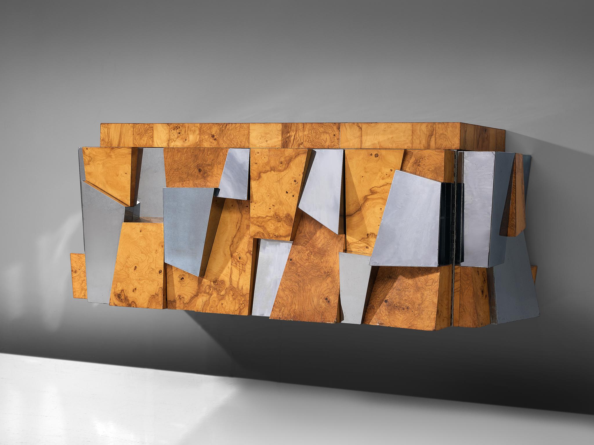 American Paul Evans 'Faceted' Wall-Mounted Sideboard in Chrome and Burl