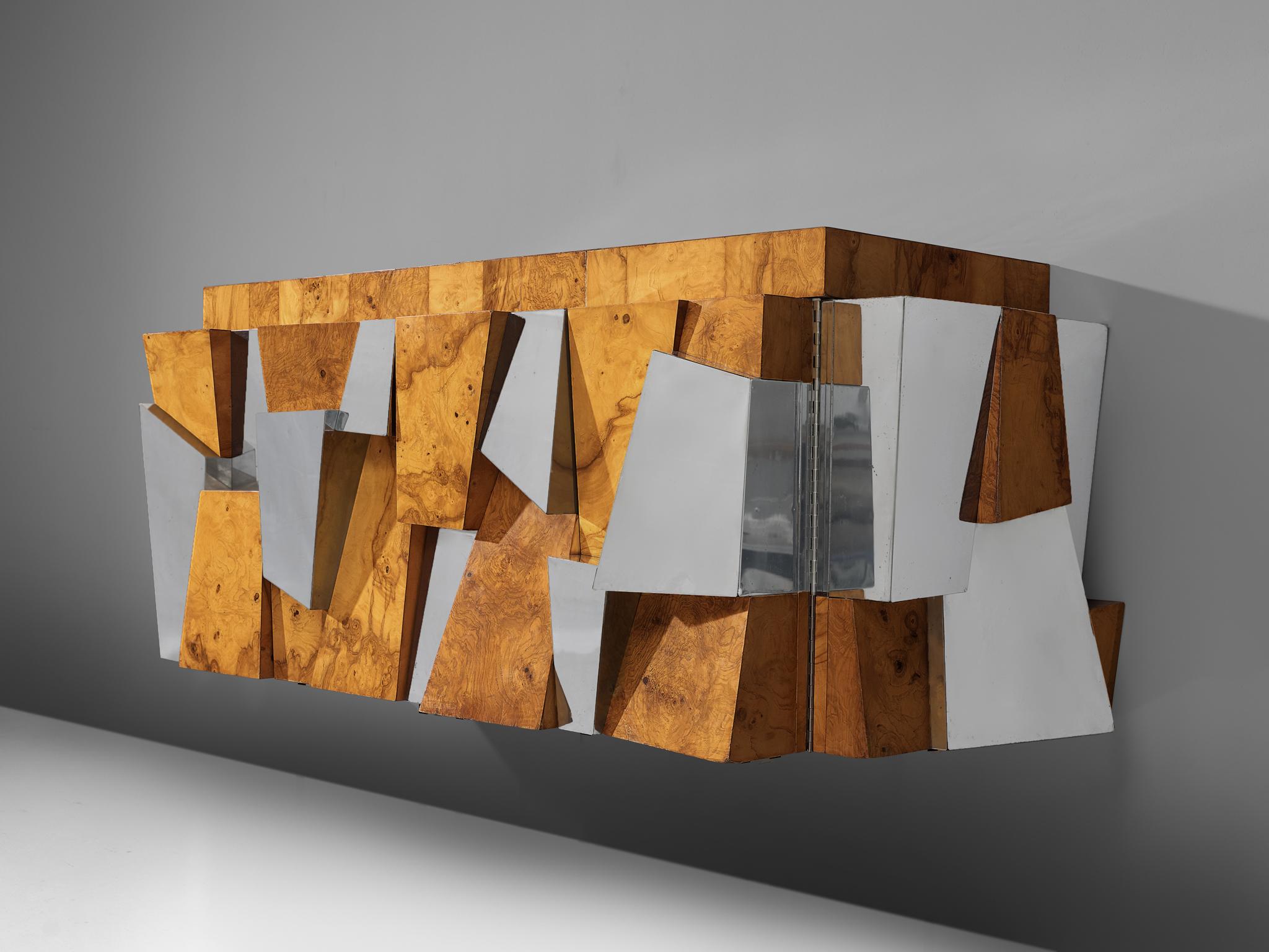 Paul Evans 'Faceted' Wall-Mounted Sideboard in Chrome and Burl 1