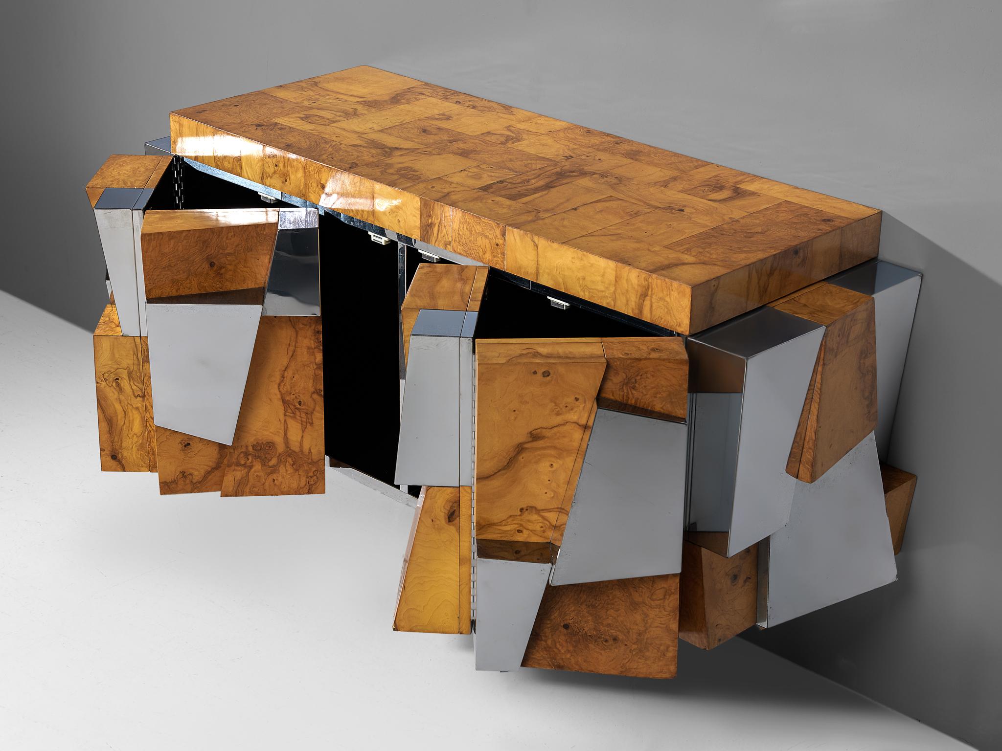 Paul Evans 'Faceted' Wall Sideboard in Chrome and Burl 1