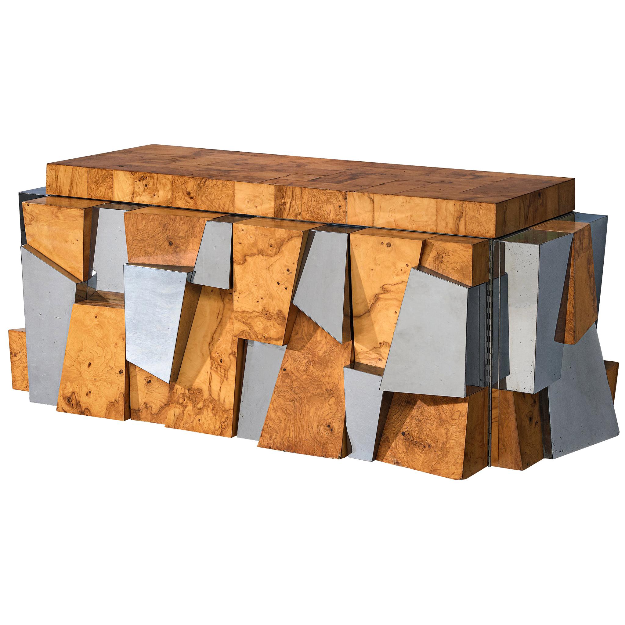 Paul Evans 'Faceted' Wall Sideboard in Chrome and Burl