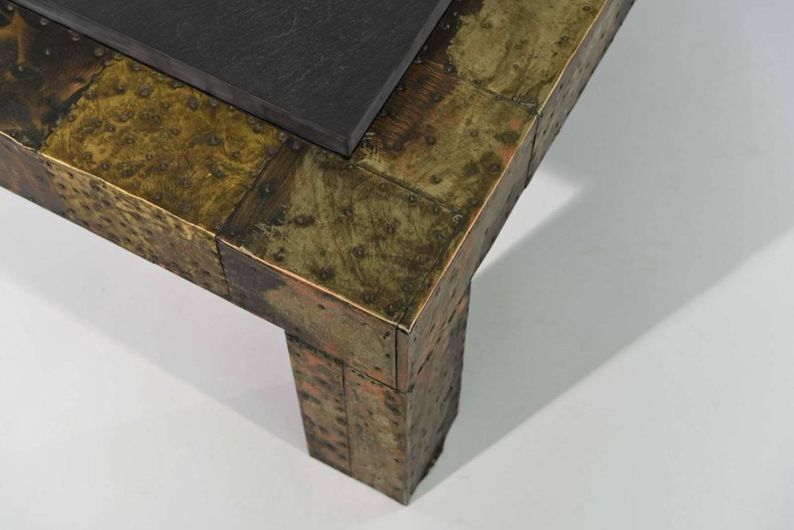Paul Evans for Directional Brutalist patchwork metal coffee table with slate top. Part of a large collection of Paul Evans items fresh from an estate. Reference: Paul Evans designer and sculptor, Jeffrey Head, pg. 68 A designer and sculptor, Paul