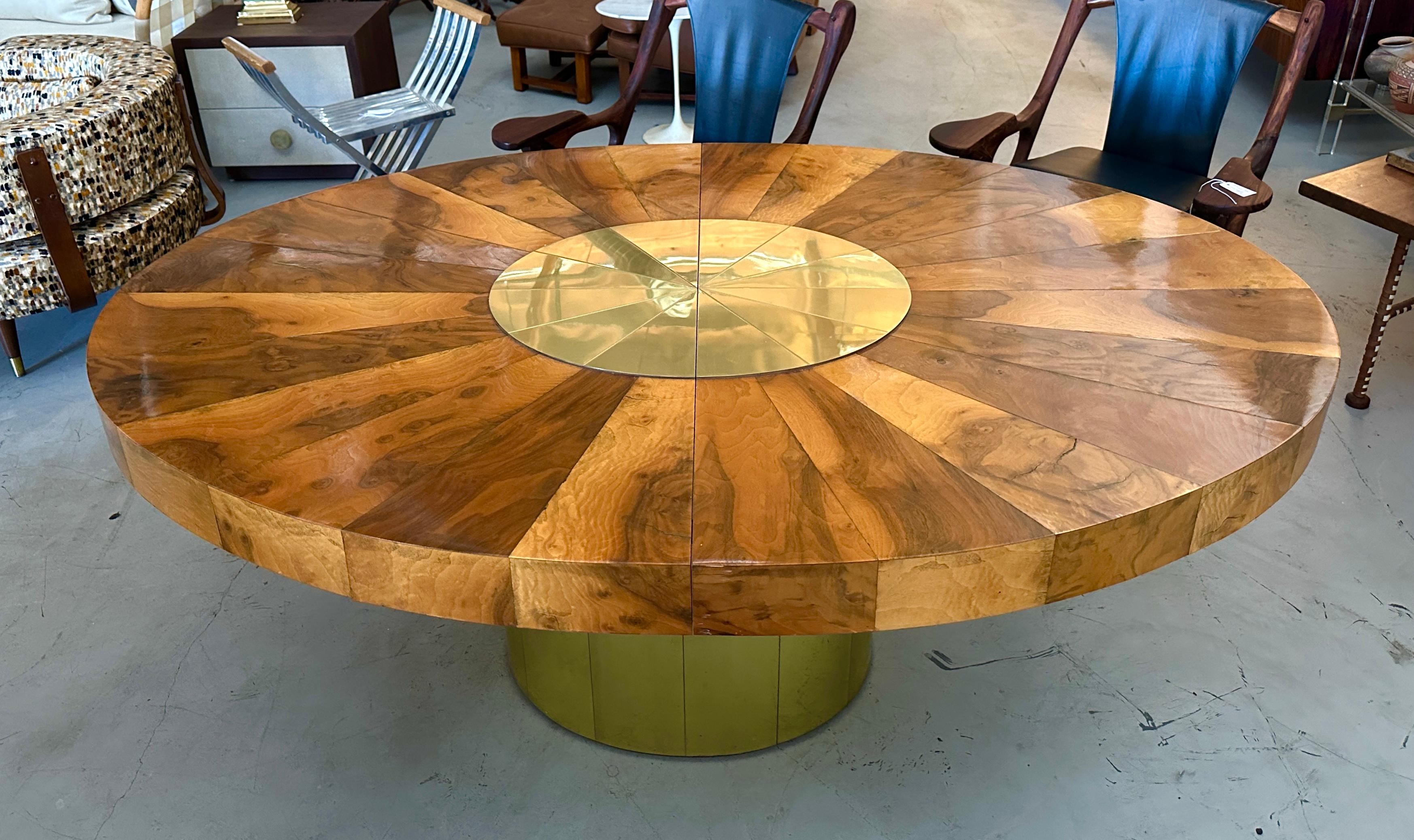 Hand-Crafted Paul Evans for Directional Burl Walnut and Brass Oval Extension Dining Table