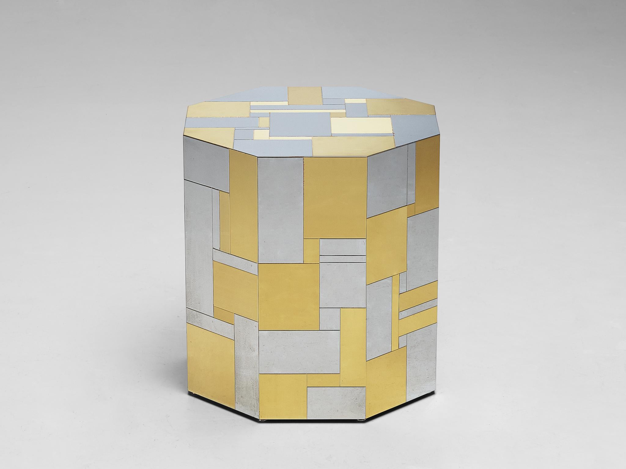 Paul Evans for Directional, 'Cityscape' side table, from the PE200 series, chrome-plated steel, brass, glass, United States, circa 1975 

This side table from the 'Cityscape' (PE 200) line is designed by Paul Evans for Directional, circa 1975. The