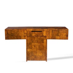 Paul Evans für Directional Mid Century Patchwork Burlwood T Bar Konsolentisch