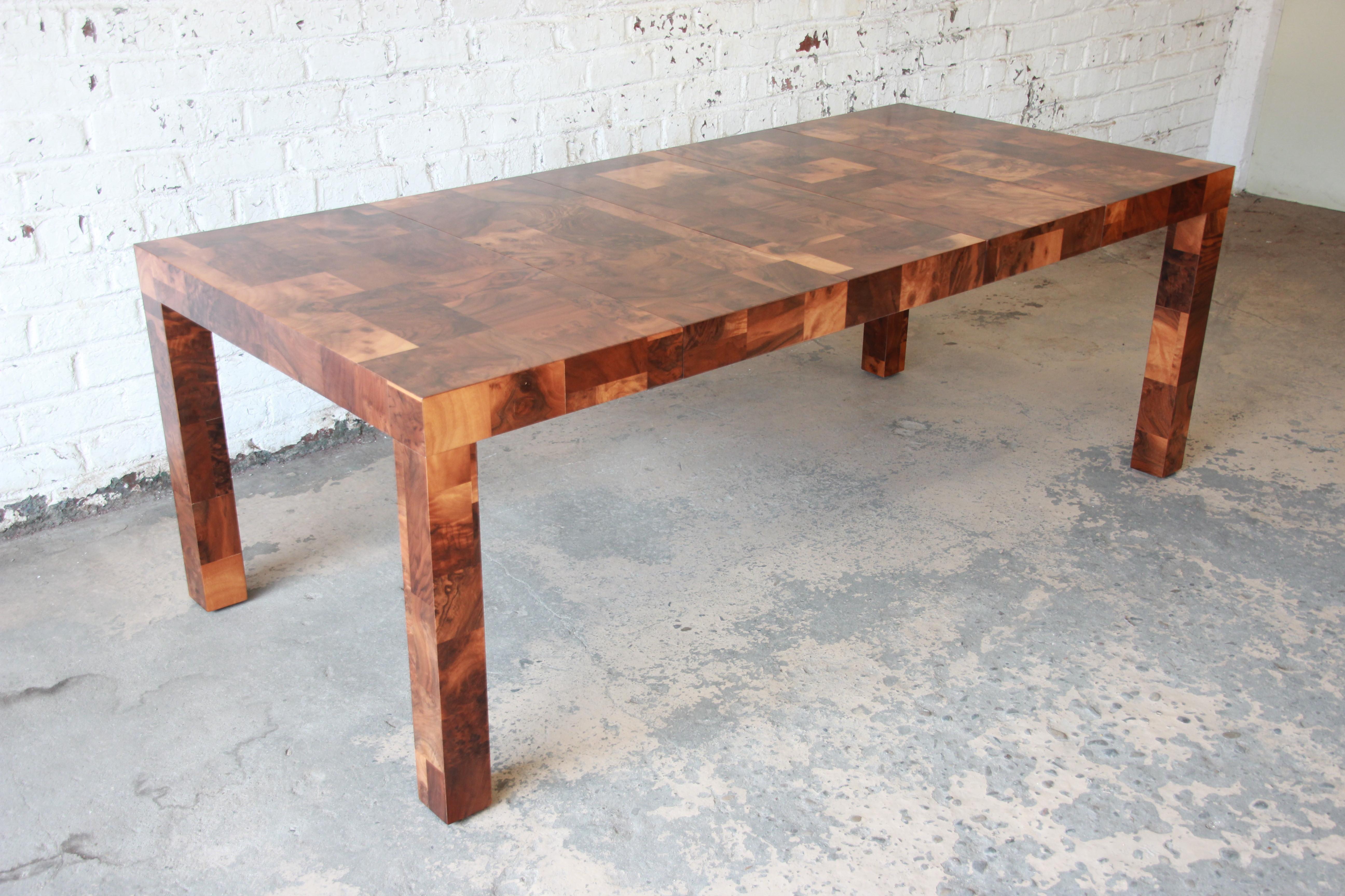 Mid-Century Modern Paul Evans for Directional Patchwork Burl Wood Parsons Extension Dining Table