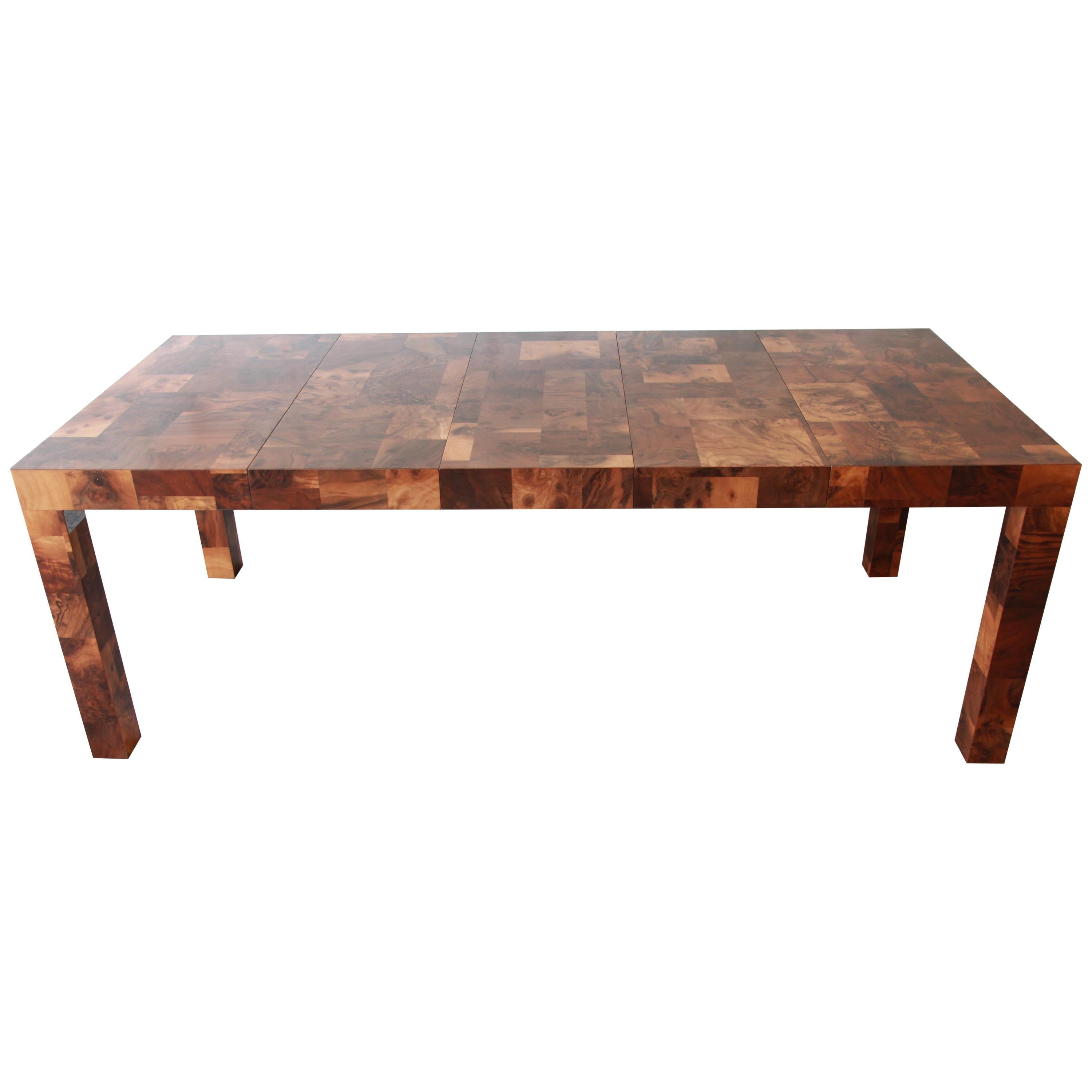 Paul Evans for Directional Patchwork Burl Wood Parsons Extension Dining Table