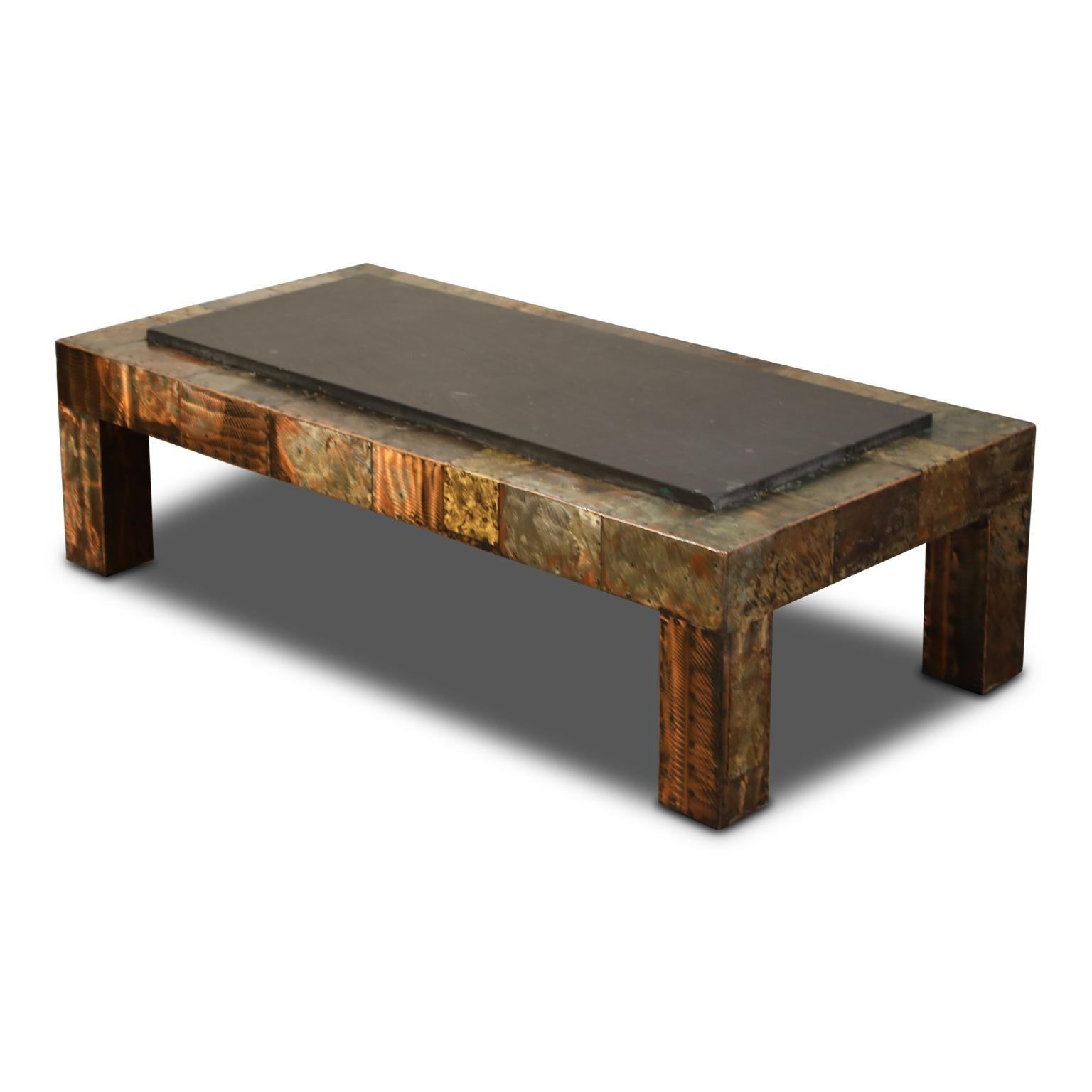 Brutalist Paul Evans for Directional Patchwork Copper Coffee Table with Slate Top, 1970s