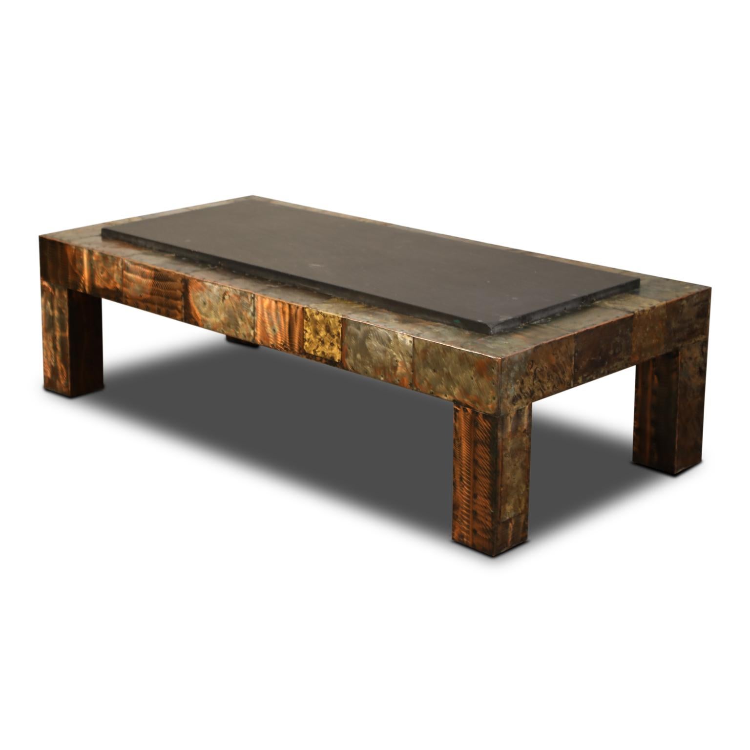 American Paul Evans for Directional Patchwork Copper Coffee Table with Slate Top, 1970s