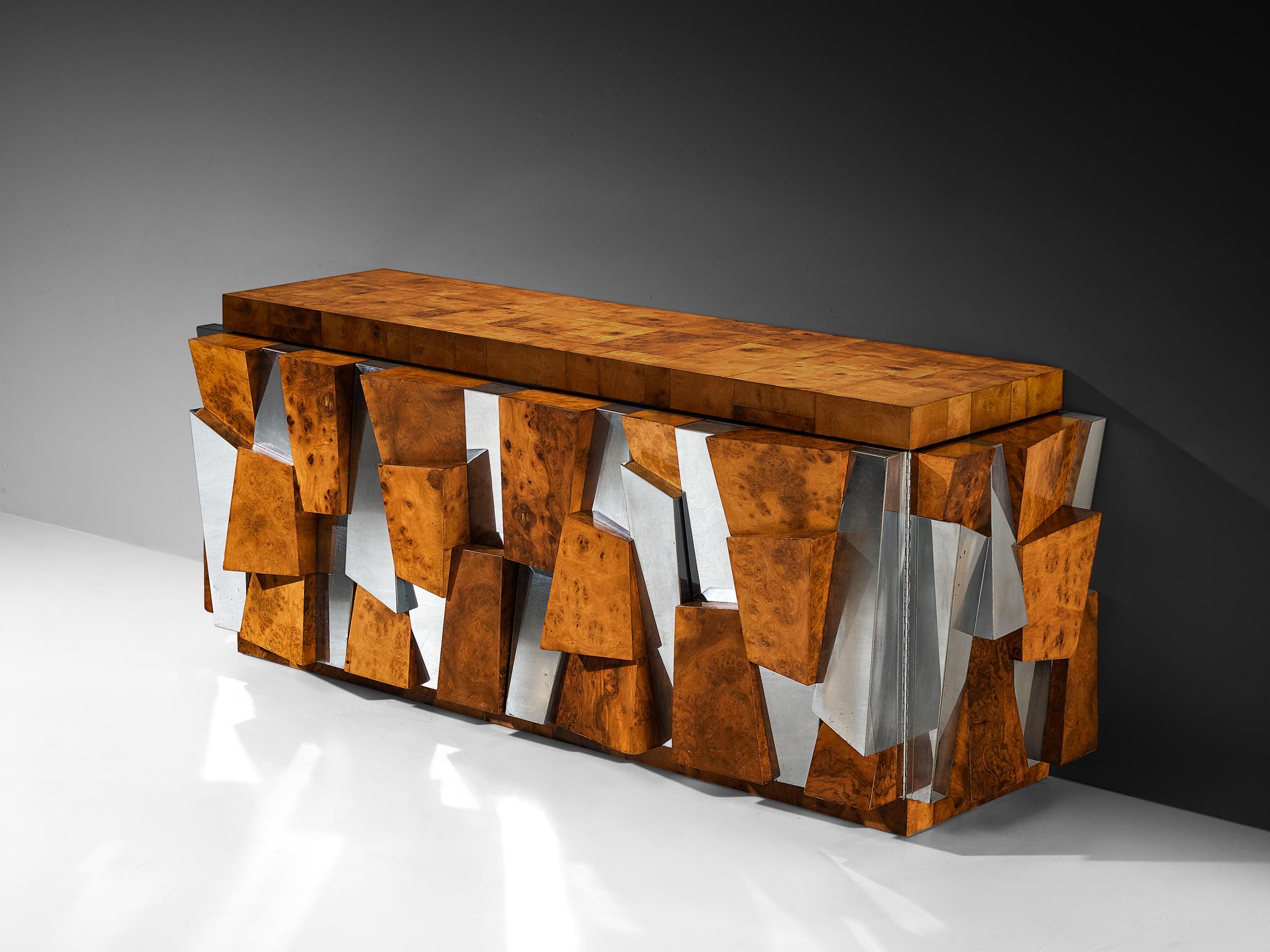 Paul Evans für Directional 'PE 300' Facettiertes Sideboard aus Chrom und Wurzelholz (Stahl) im Angebot