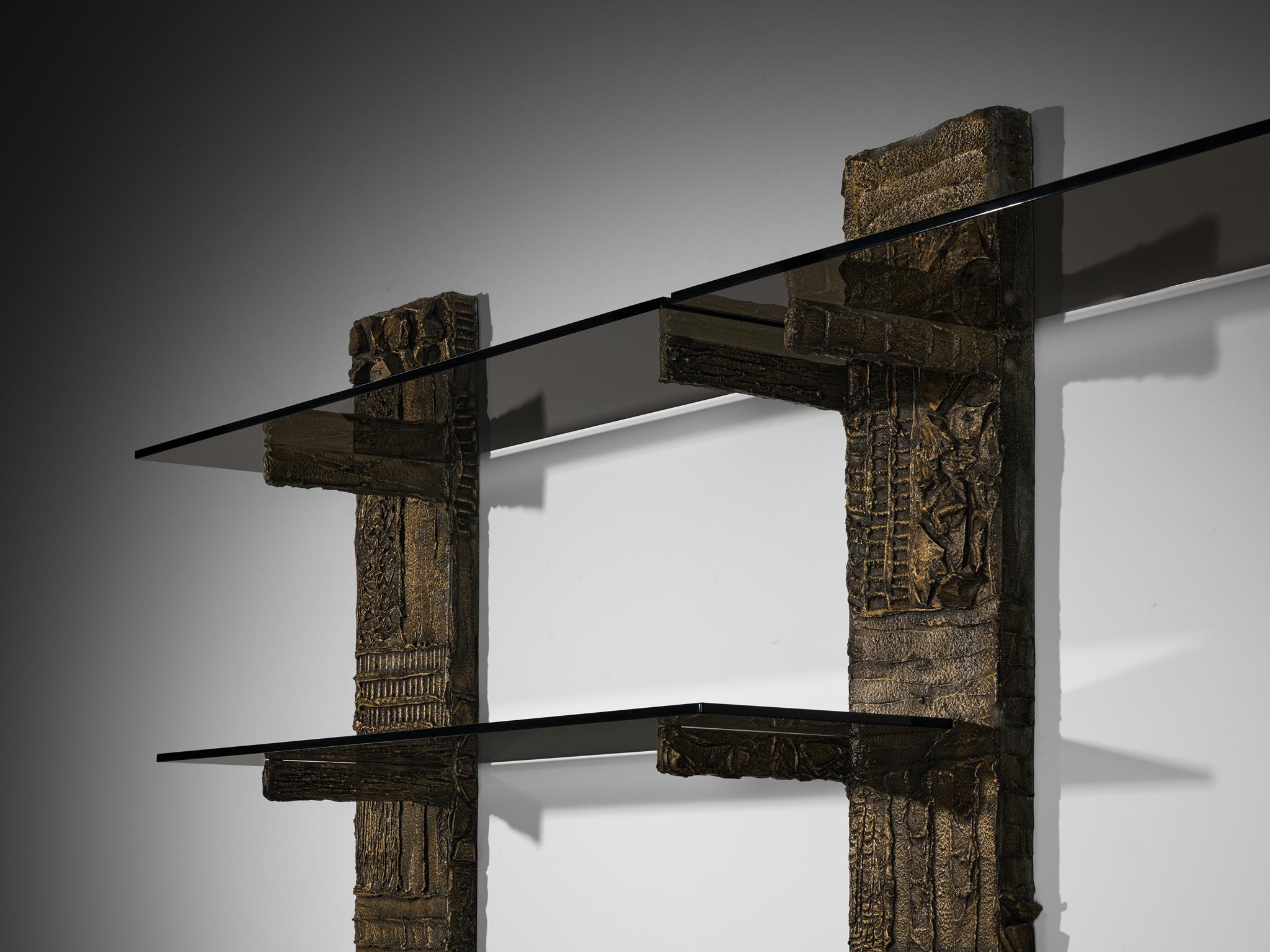 American Paul Evans for Directional 'PE 68' Wall Unit in Bronzed Resin and Glass For Sale