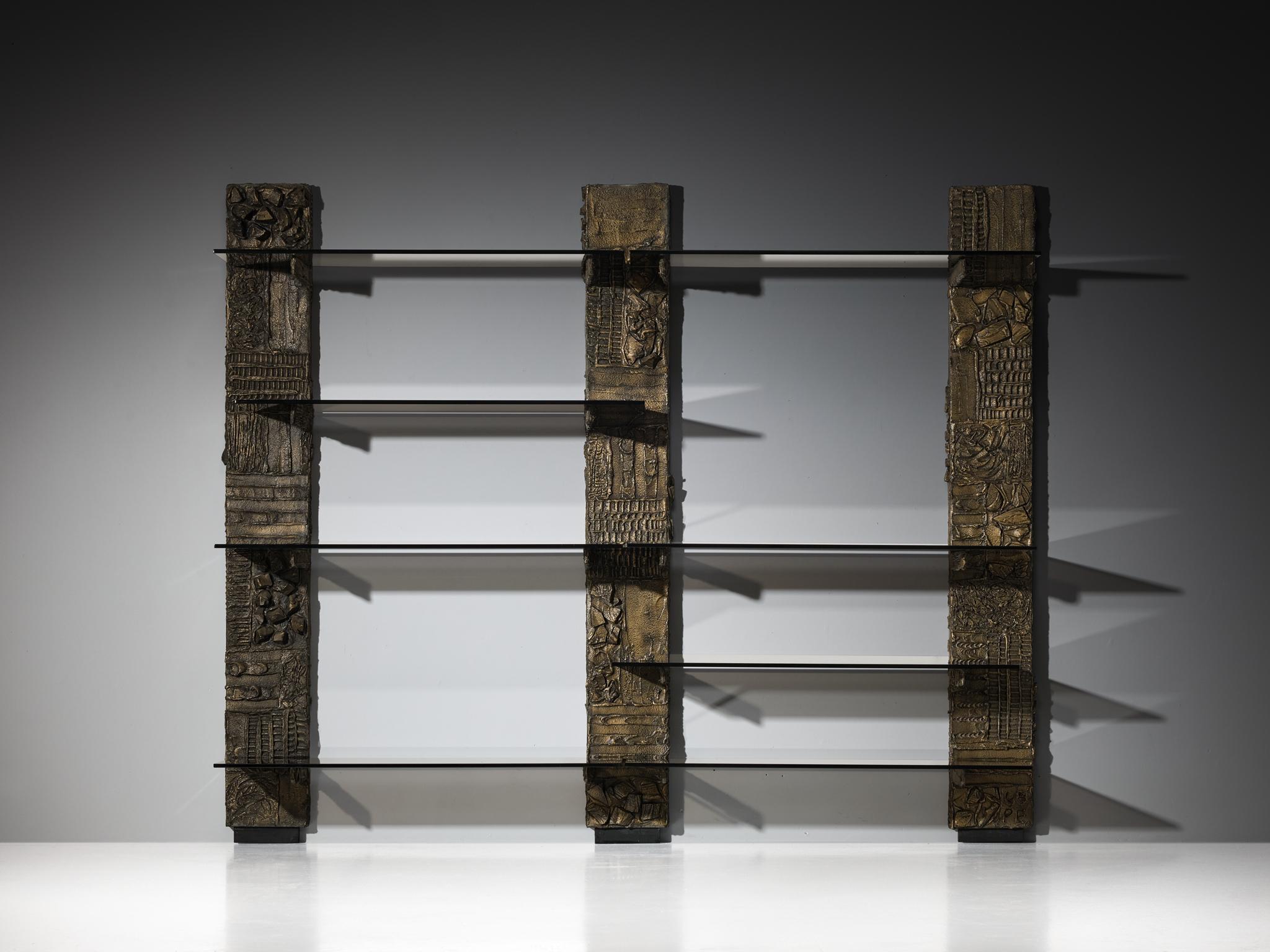 Late 20th Century Paul Evans for Directional 'PE 68' Wall Unit in Bronzed Resin and Glass For Sale