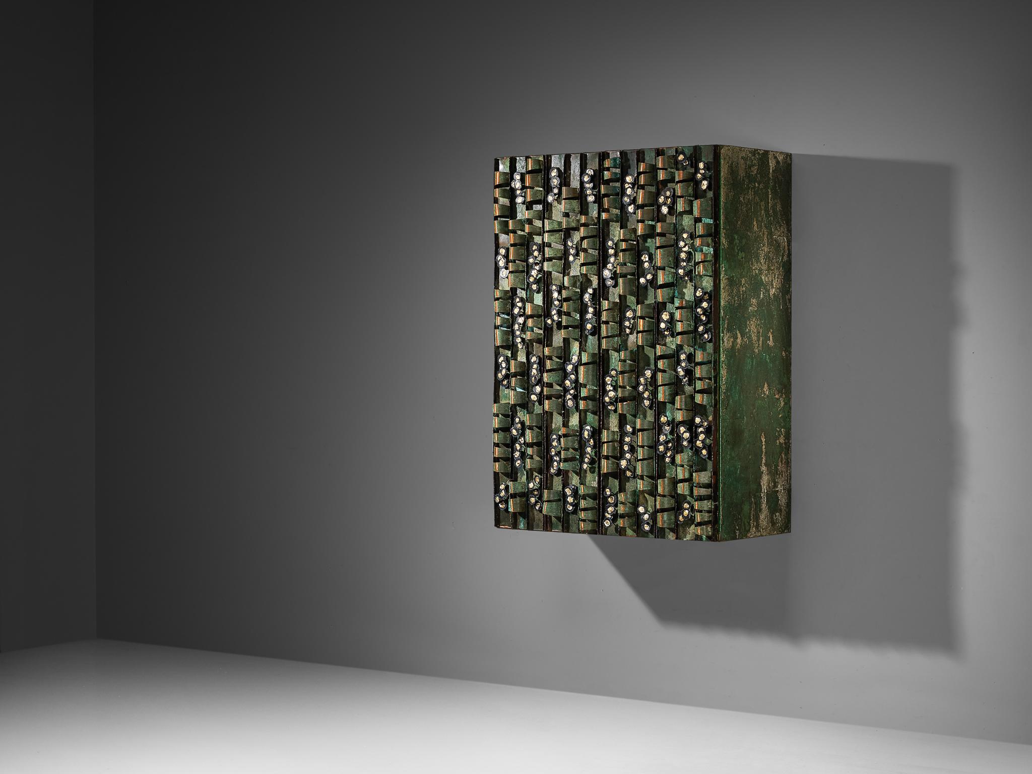 Paul Evans for Paul Evans Studio, ‘Loop’ wall-mounted cabinet, welded copper with applied verdigris patina, steel, brass, painted wood, United States, circa 1968

Made around 1968, this Verdigris Copper Loop wall-mounted cabinet, also known as Loop,
