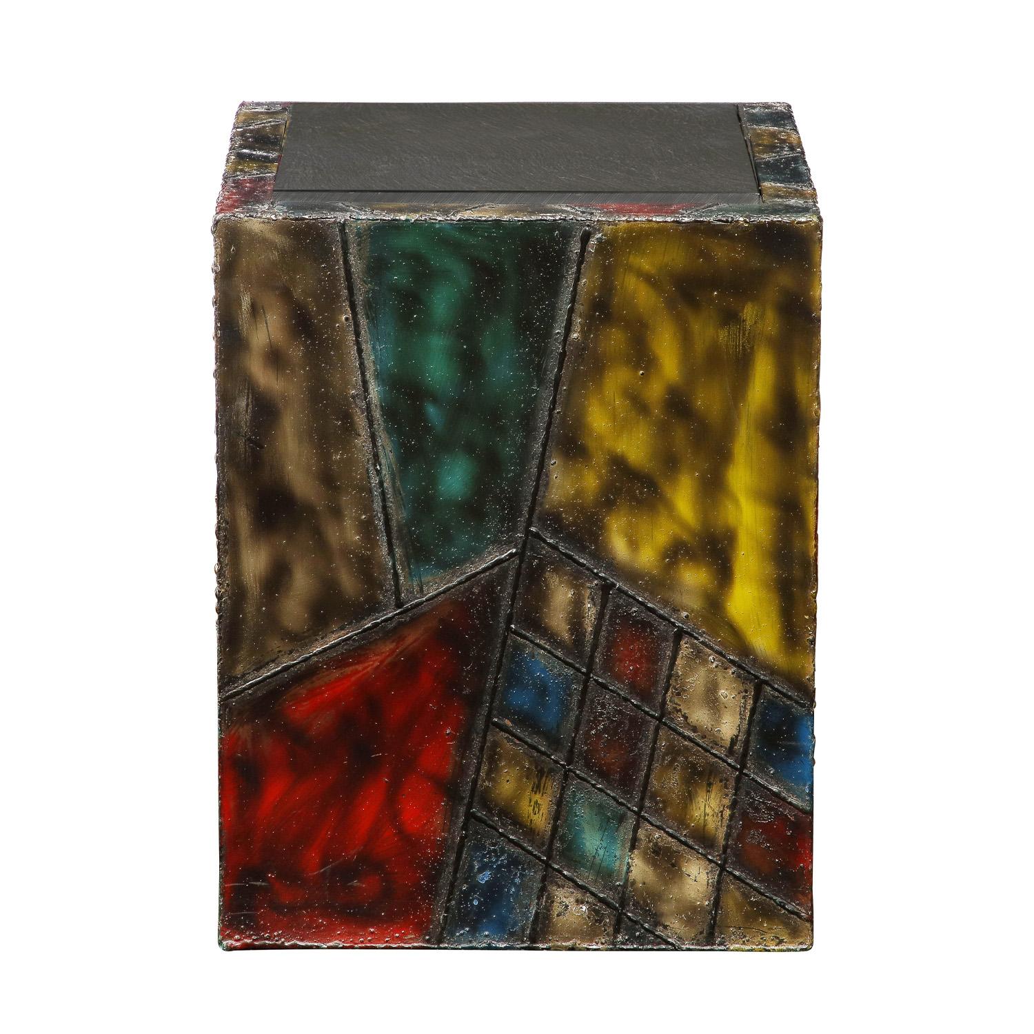 Cube Table in hand-welded steel with beautiful polychrome enamels and inset cleft slate top by Paul Evans, American 1973 (signed “PE 73” on bottom corner). This iconic table is a timeless Evans design. The coloration on this piece is