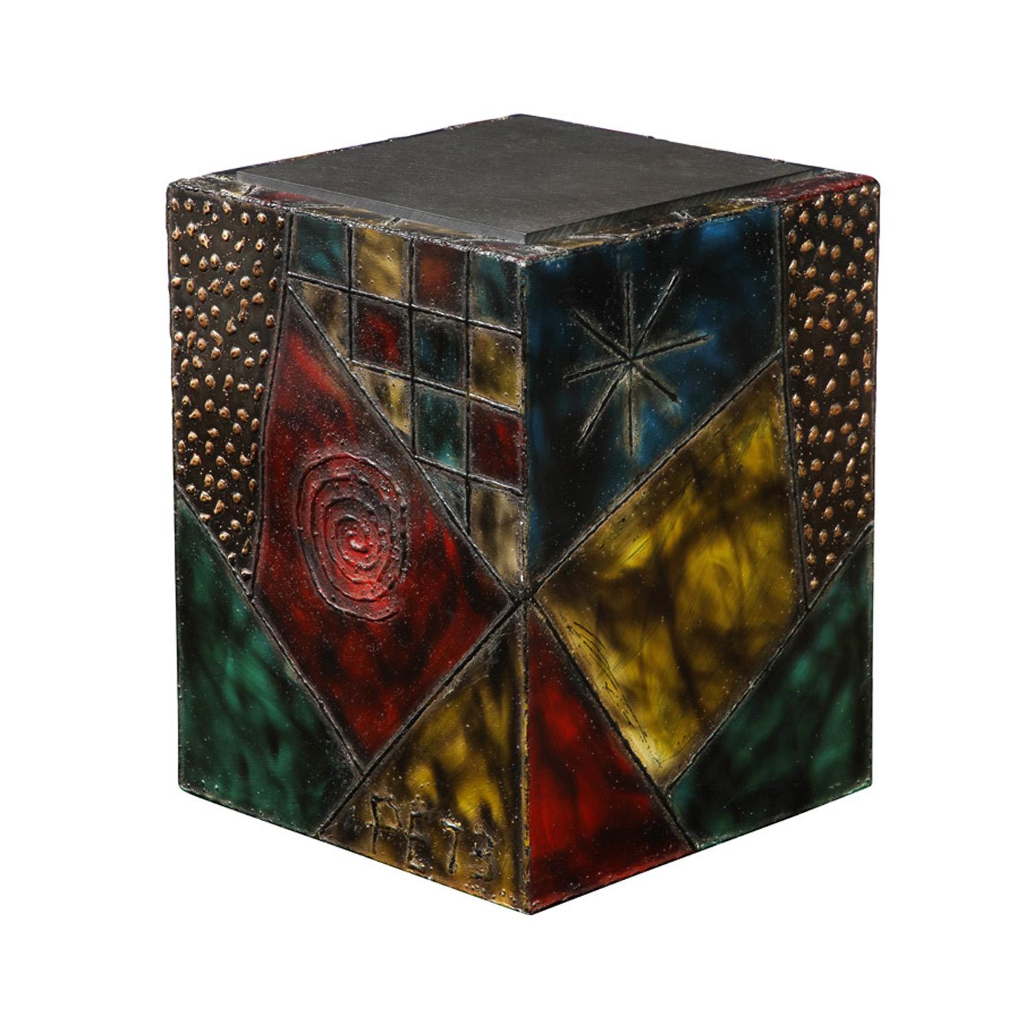 Mid-Century Modern Paul Evans Hand-Welded Cube Table with Polychrome Enamels 1973 'Signed'