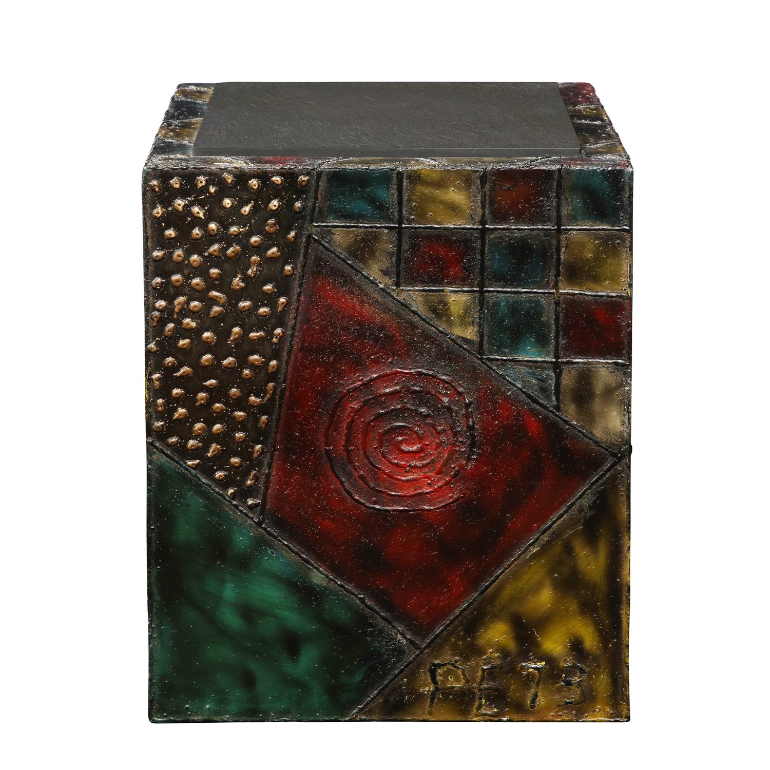 American Paul Evans Hand-Welded Cube Table with Polychrome Enamels 1973 'Signed'