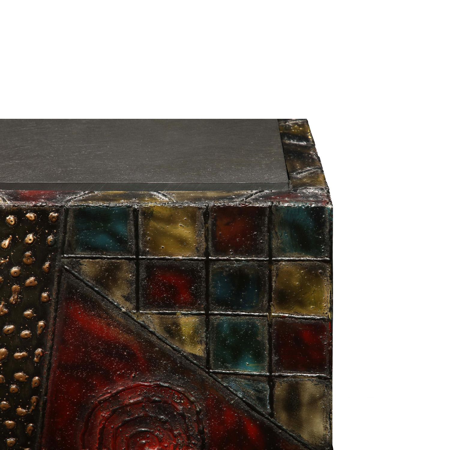 Late 20th Century Paul Evans Hand-Welded Cube Table with Polychrome Enamels 1973 'Signed'