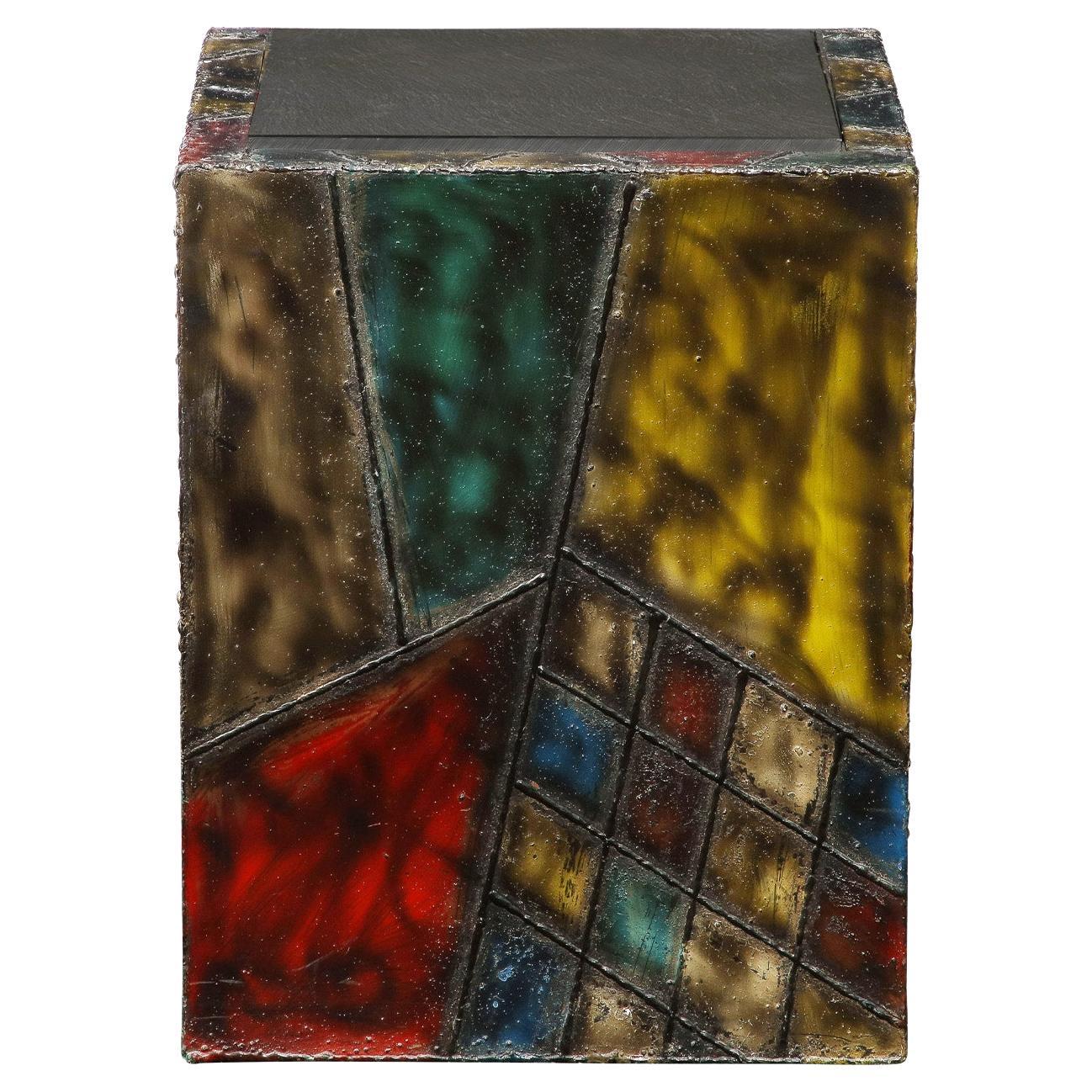 Paul Evans Hand-Welded Cube Table with Polychrome Enamels 1973 'Signed'