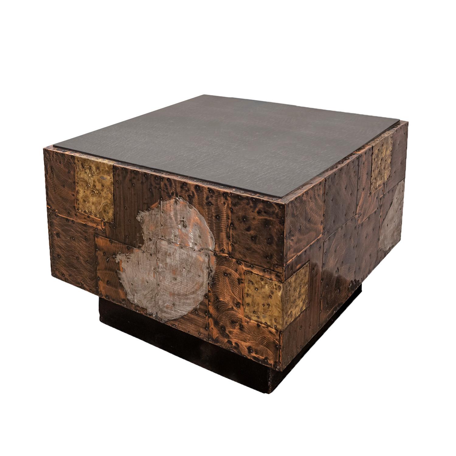 American Paul Evans Hand-Welded Patchwork Cube Side Table 1970s