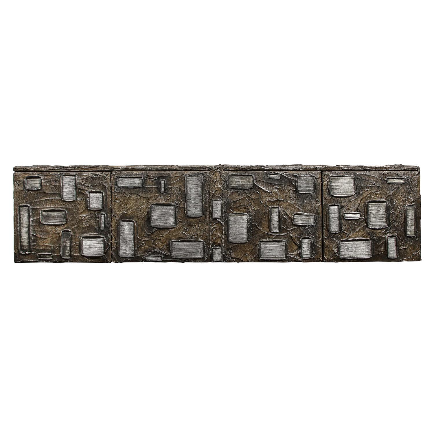 Rare and important large sculpted bronze wall cabinet with enameled steel elements and 3 cleft slate top pieces by Paul Evans Studio for Direction Furniture, 1969 (signed “PE 69” on bottom). The gray steel elements set into the bronze resin are an