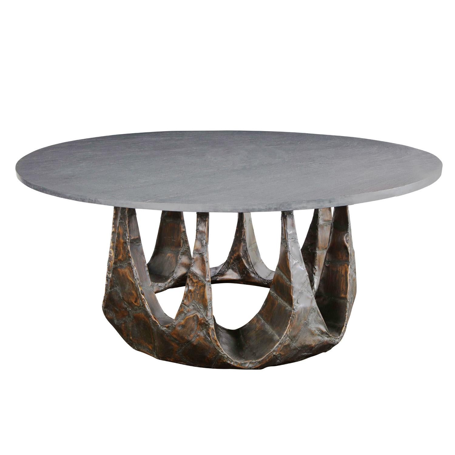 Incredibly rare and important patinated welded steel base dining table with gray slate slab top by Paul Evans Studio, American 1960's. This is the only dining table of this design which we have seen. The scale and artisanship are truly superb. It is