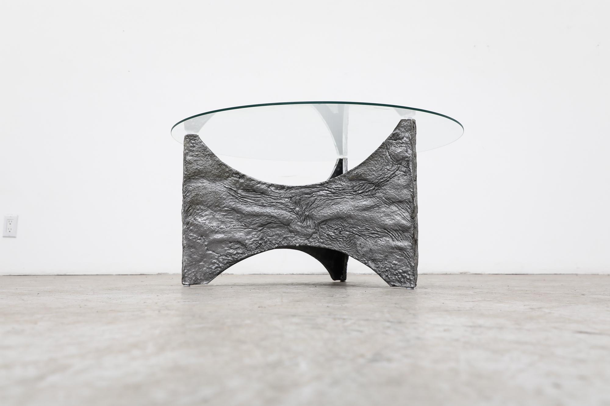 Dutch Paul Evans Inspired Brutalist Steel Toned Coffee or Side Table with Glass Top For Sale
