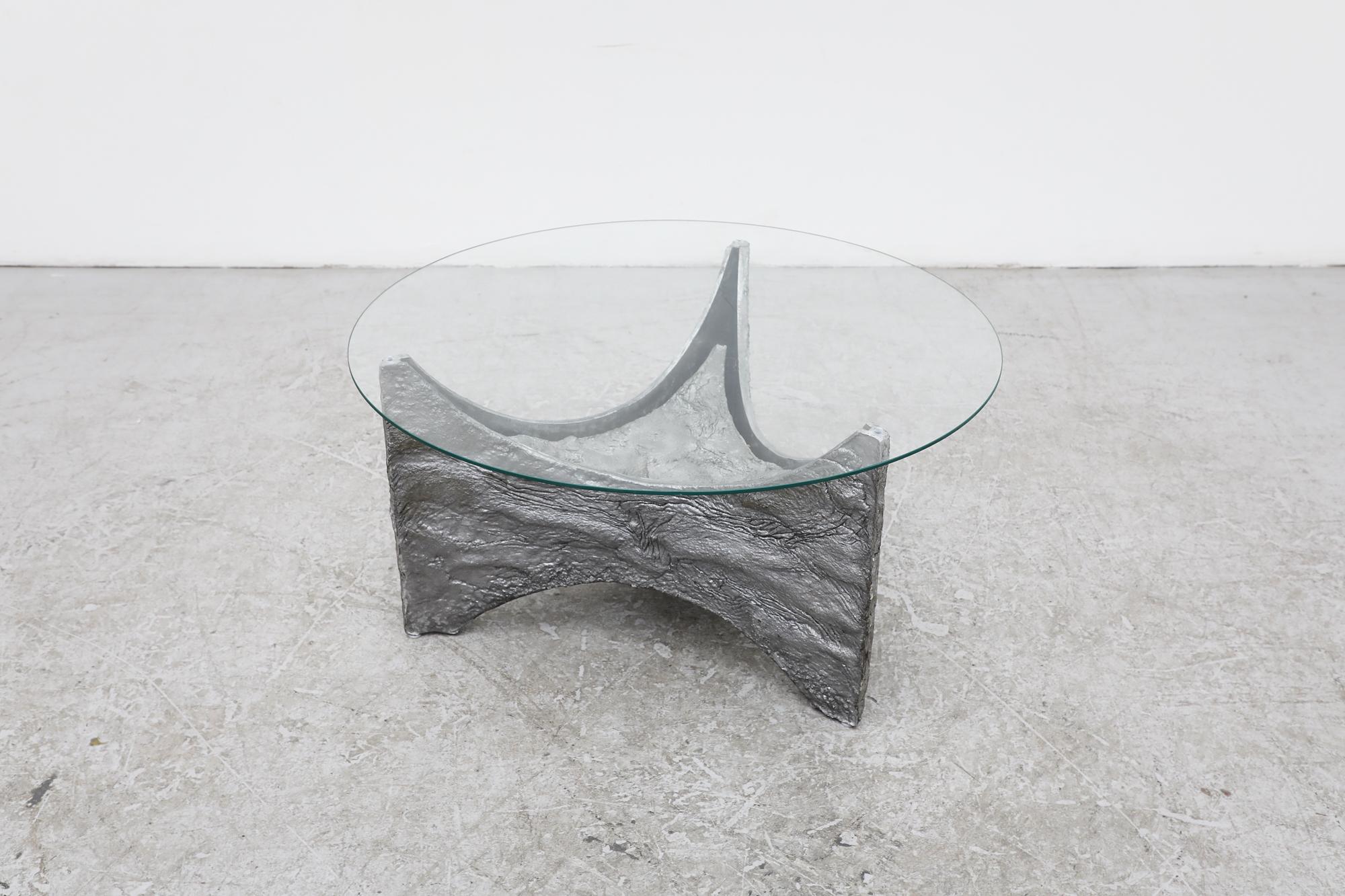 Aluminum Paul Evans Inspired Brutalist Steel Toned Coffee or Side Table with Glass Top For Sale