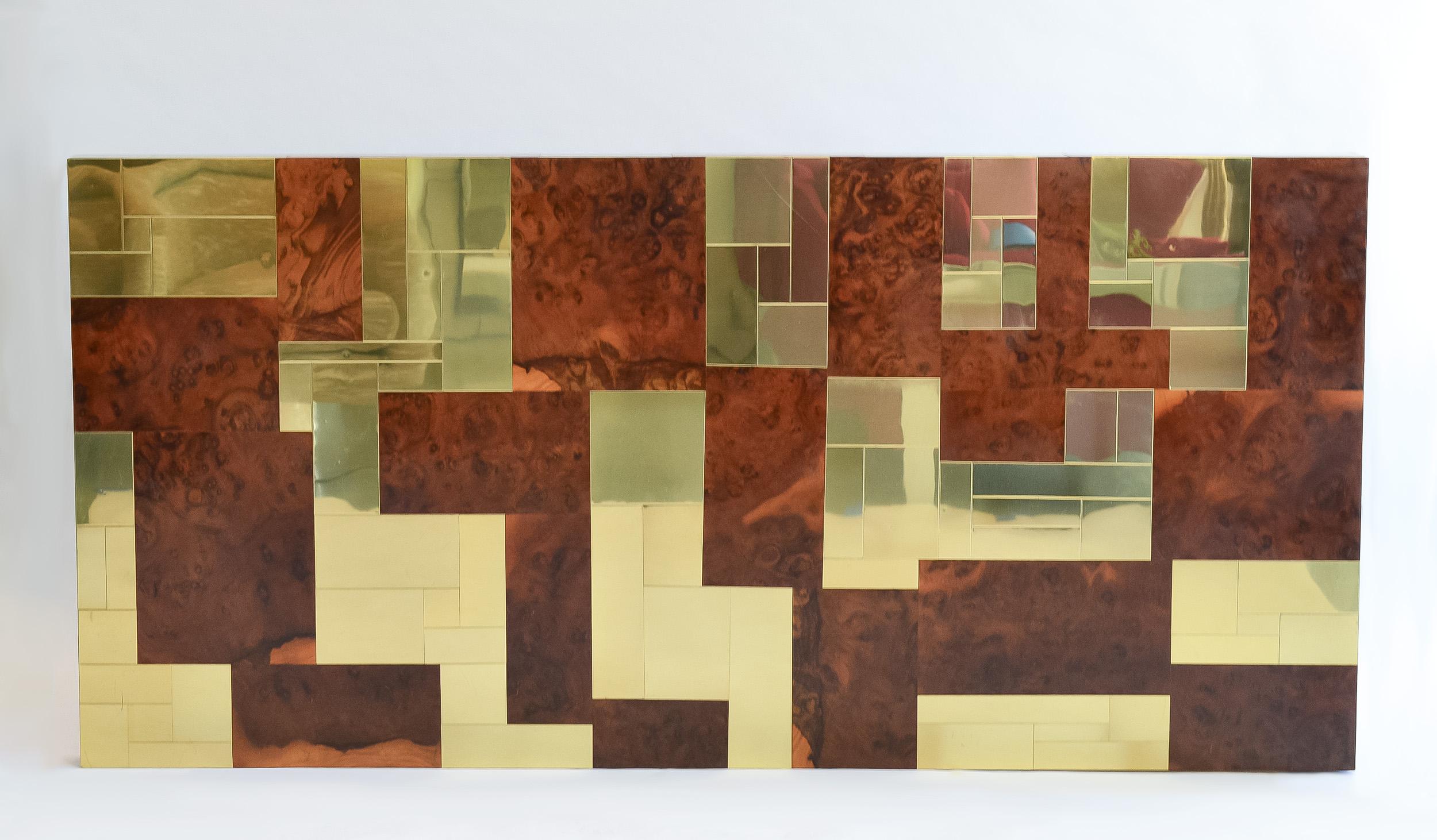 Paul Evans King Kopfteil aus Wurzelholz und Messing „Cityscape“ für Directional 1970er Jahre
Plattenform A, Messing und Wurzelholz-Patchwork-Fliesen. King-Format, Wandmontage mit schräg geschnittenem Montagebrett (im Lieferumfang enthalten).