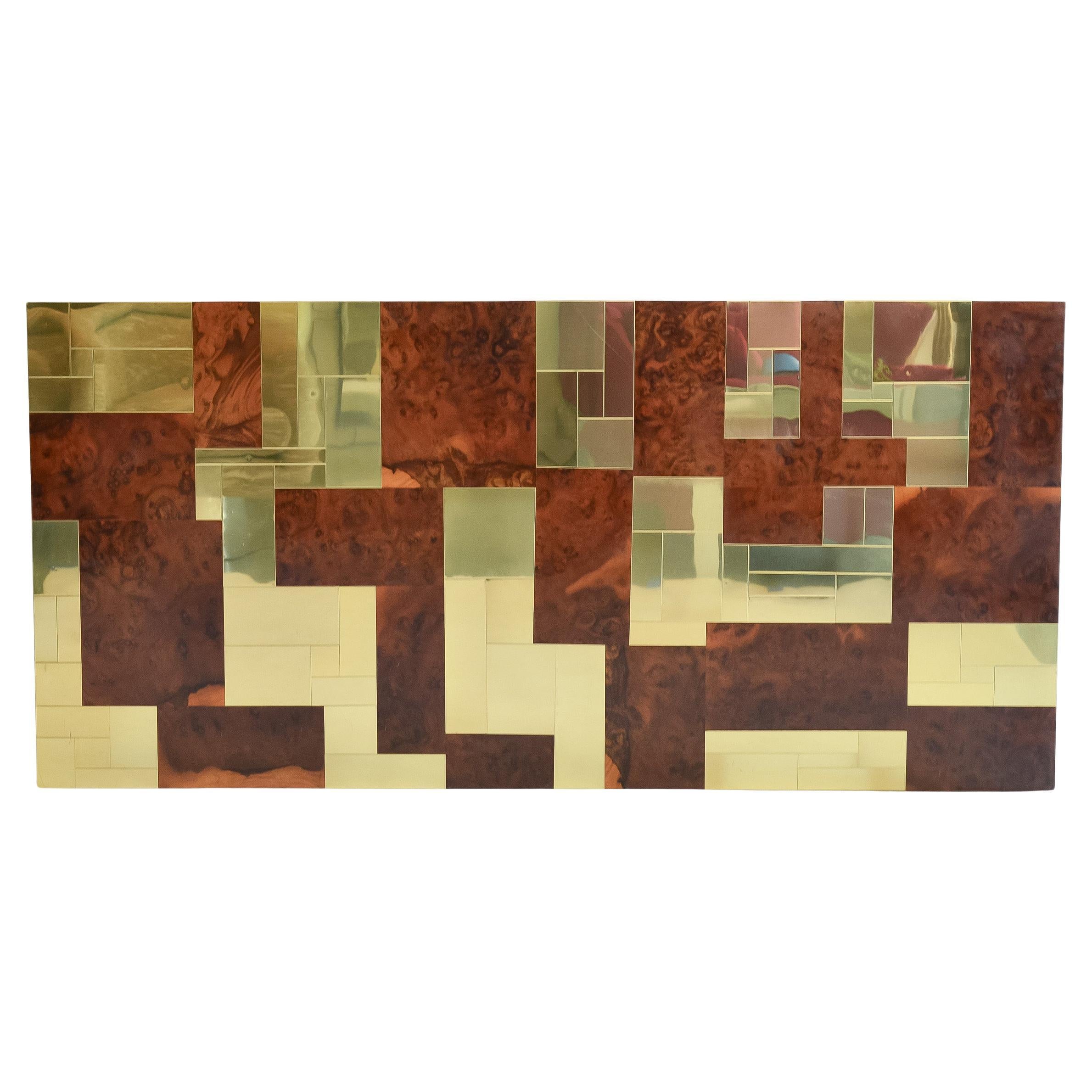 Paul Evans King Headboard Burl Wood and Brass 'Cityscape' for Directional 1970's