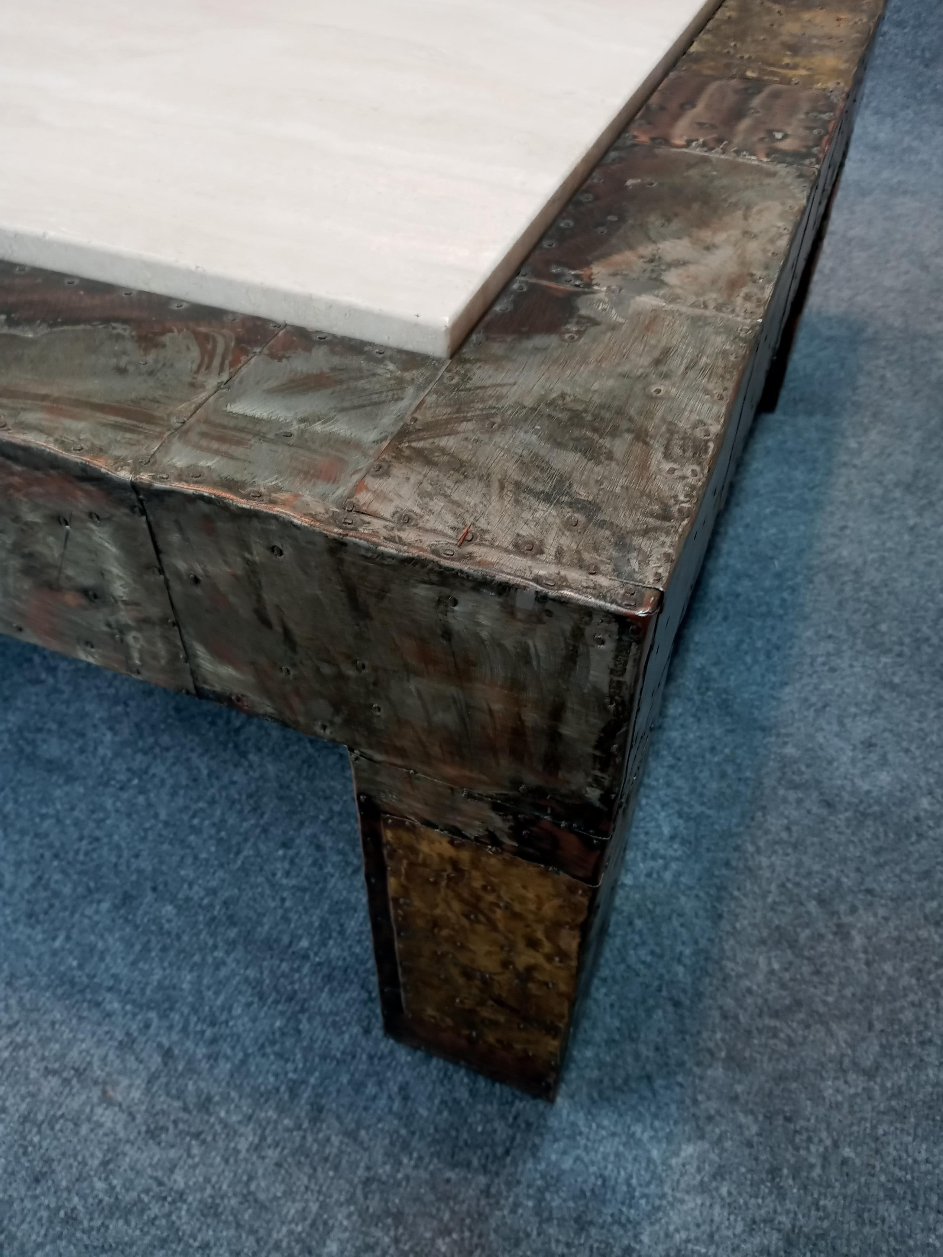 Paul Evans Large Brutalist Patchwork Coffee Table, Mixed Metals and Travertine 4