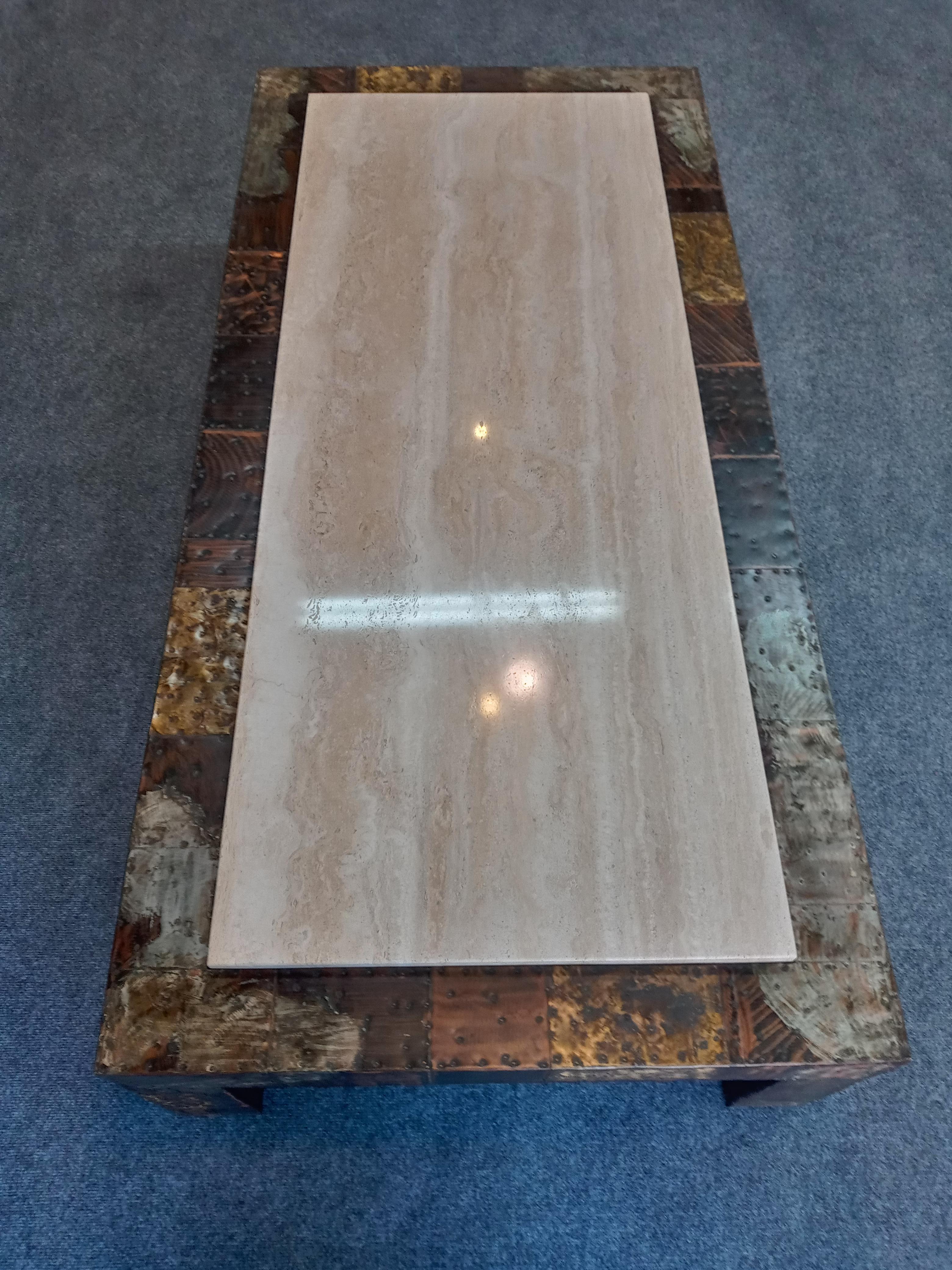 Bronze Paul Evans Large Brutalist Patchwork Coffee Table, Mixed Metals and Travertine