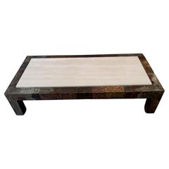 Paul Evans Large Brutalist Patchwork Coffee Table, Mixed Metals and Travertine
