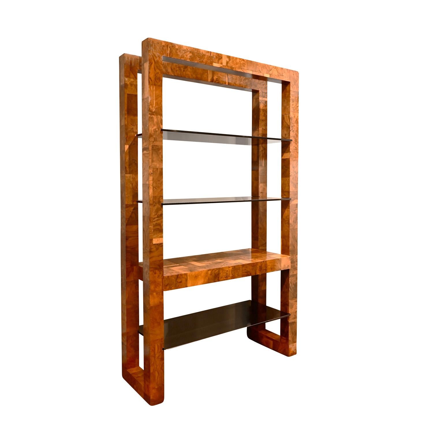 Mid-Century Modern Paul Evans Large Etagere in Walnut Burl with Glass Shelves 1973 (Signed)