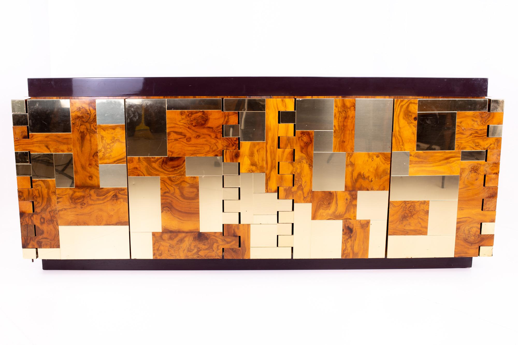 Paul Evans midcentury brass and burl wood Brutalist sideboard buffet credenza
Measures: 76.5 wide x 21.25 deep x 32.25 high

All pieces of furniture can be had in what we call restored vintage condition. That means the piece is restored upon