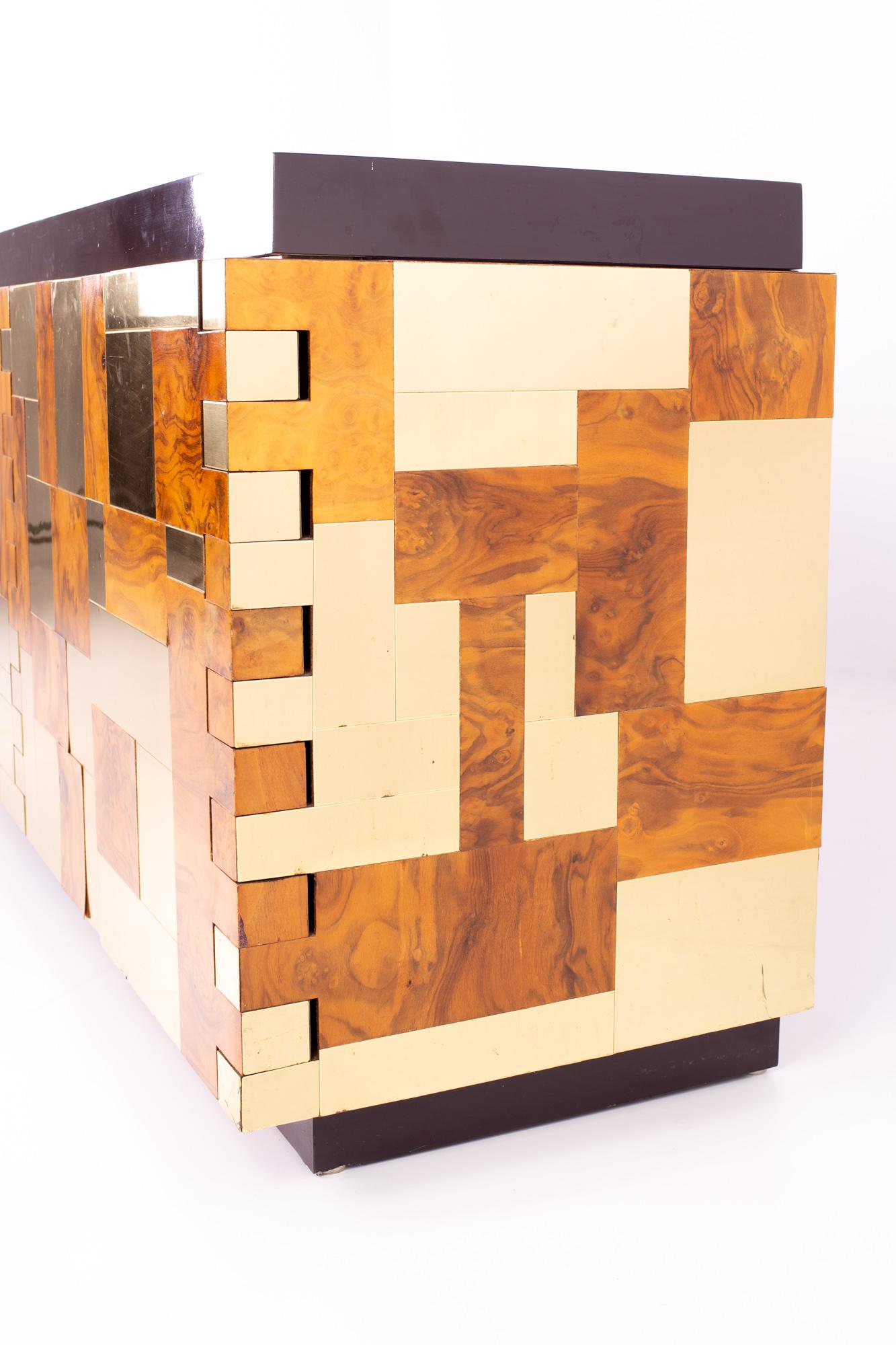 Mid-Century Modern Paul Evans Midcentury Brass and Burl Wood Brutalist Sideboard Buffet Credenza