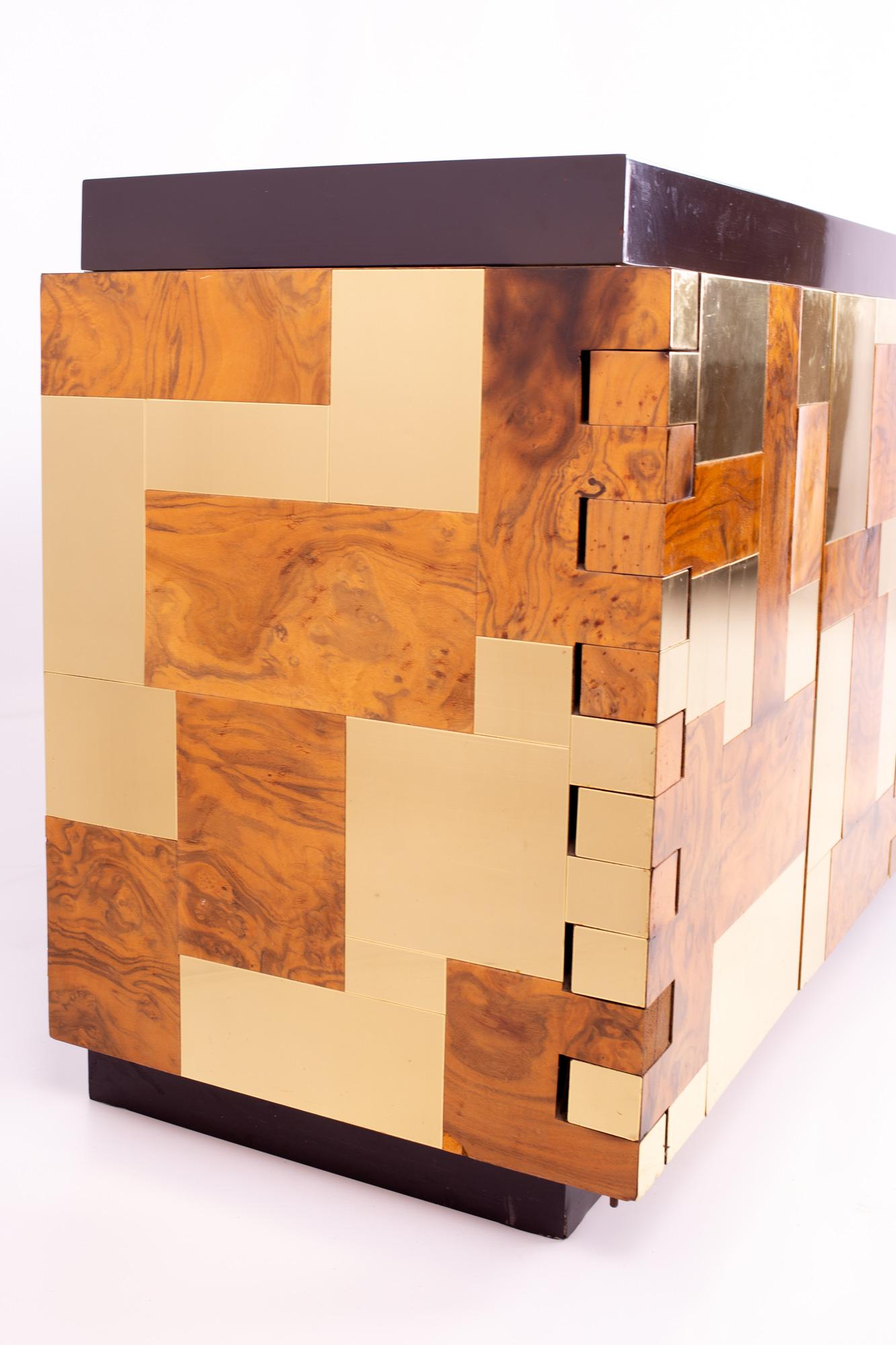 American Paul Evans Midcentury Brass and Burl Wood Brutalist Sideboard Buffet Credenza