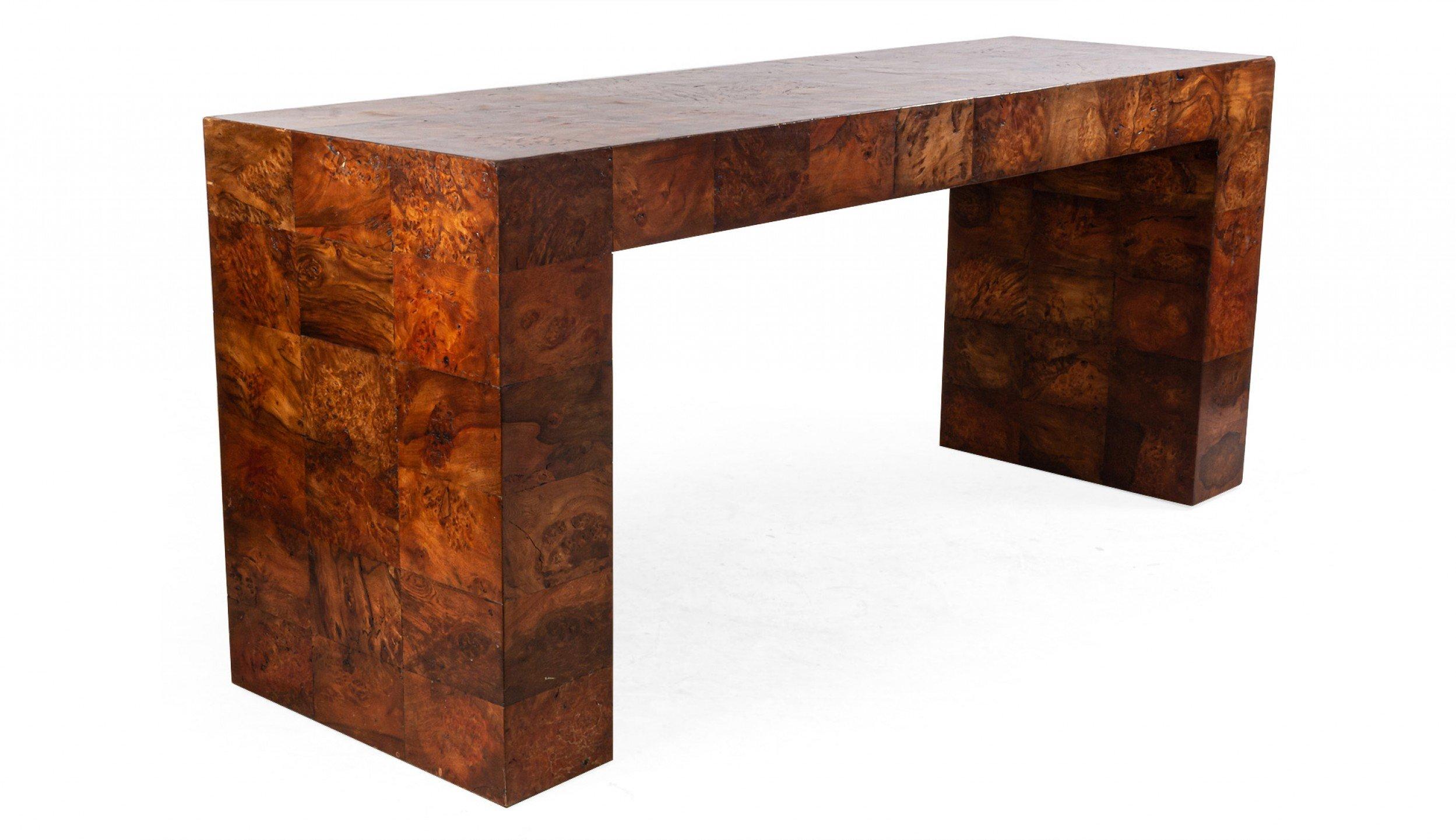 Midcentury large burl veneer wood patchwork rectangular console table attributed to Paul Evans.