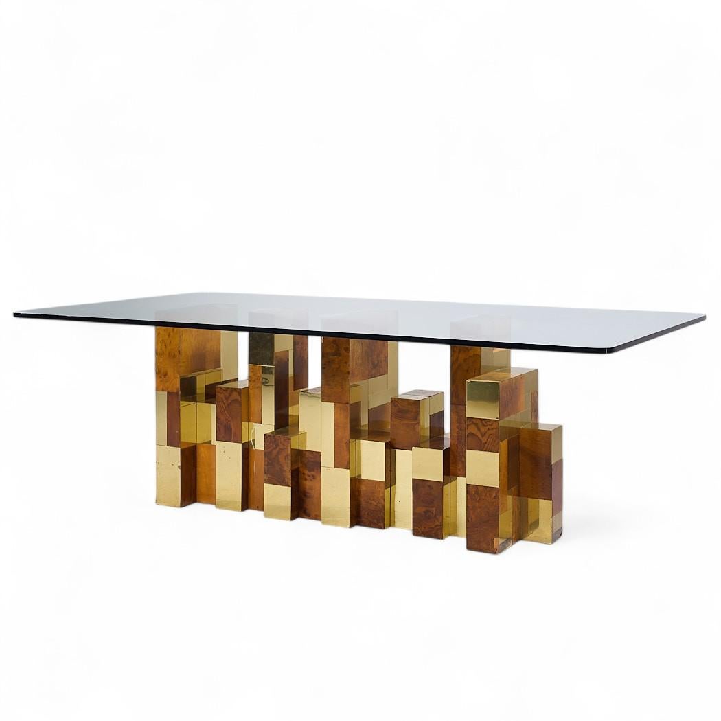 Mid-Century Modern Paul Evans Mid Century Cityscape Burlwood and Brass Dining Table For Sale