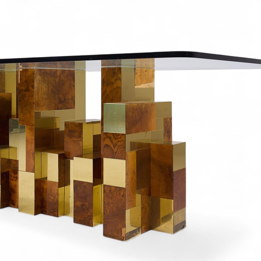Paul Evans Mid Century Cityscape Burlwood and Brass Dining Table In Good Condition For Sale In Countryside, IL