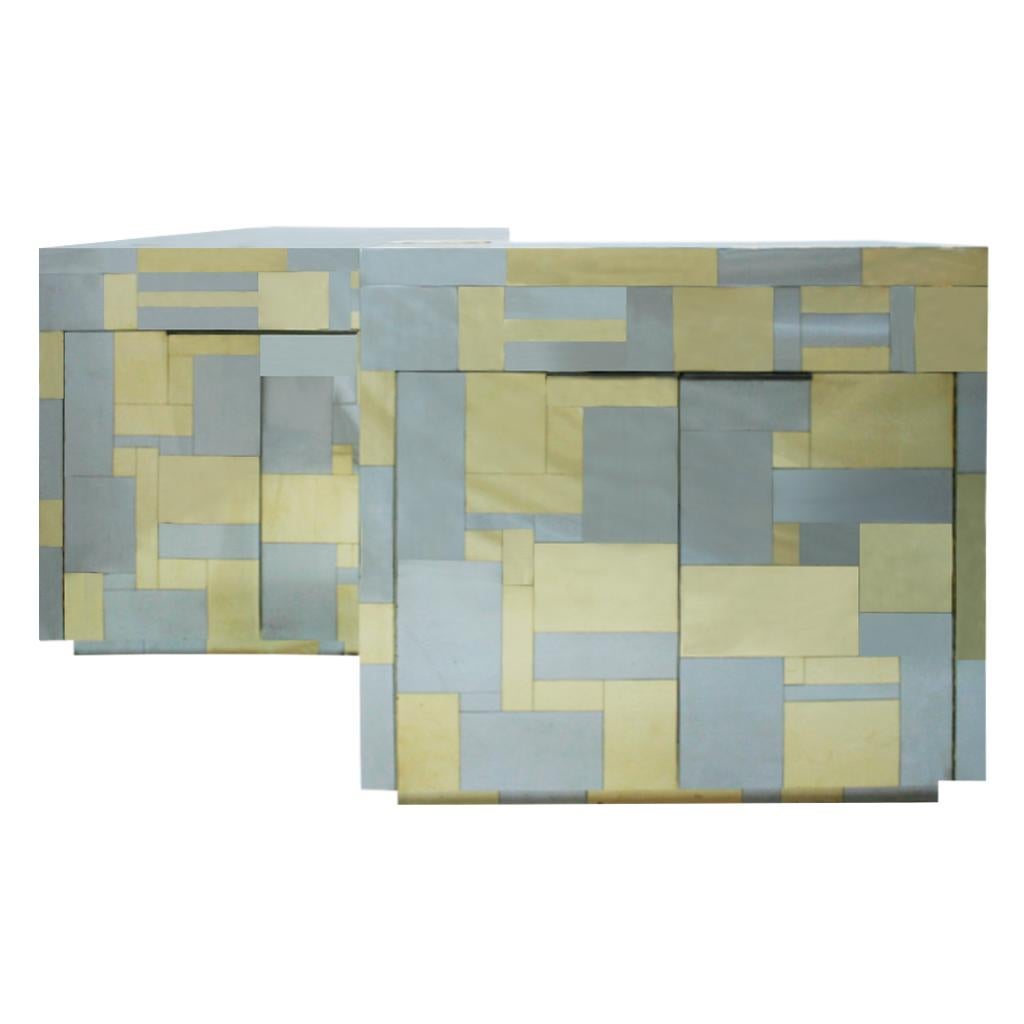 An iconic Cityscape design made of brass and chrome patchwork surface Pair of Lounge Cabinets model 