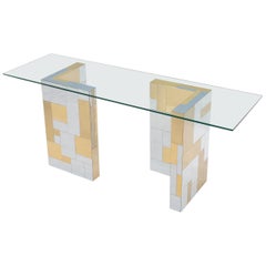 Paul Evans Mid-Century Modern Glass Top Polished Brass and Chrome Console Table