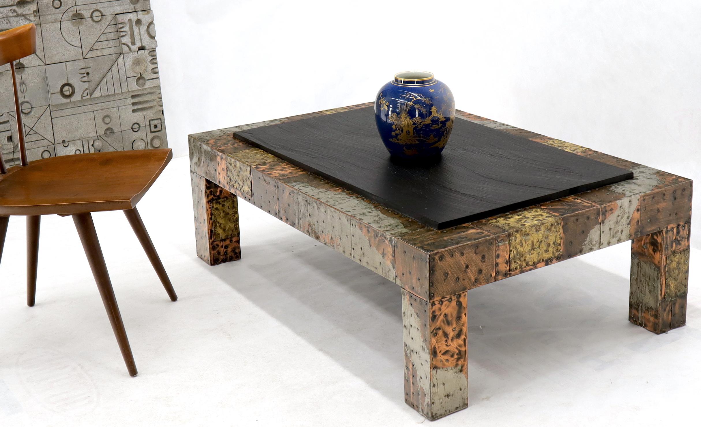 1970s Paul Evans for Directional patchwork rectangular coffee table. Frame is sheeted with copper pewter and brass.