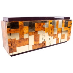 Paul Evans Midcentury Brass and Burl Wood Brutalist Sideboard Buffet Credenza