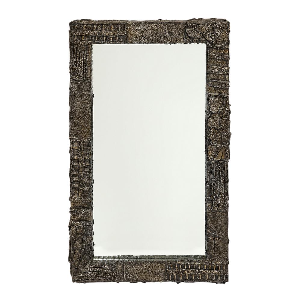 Paul Evans Mirror, Sculpted Bronze, Aluminum, Signed. Large individually crafted bronze resin over wood wall mirror, decorated with a variety of abstract patterns in the applied relief. Signed in the relief on the top edge: 