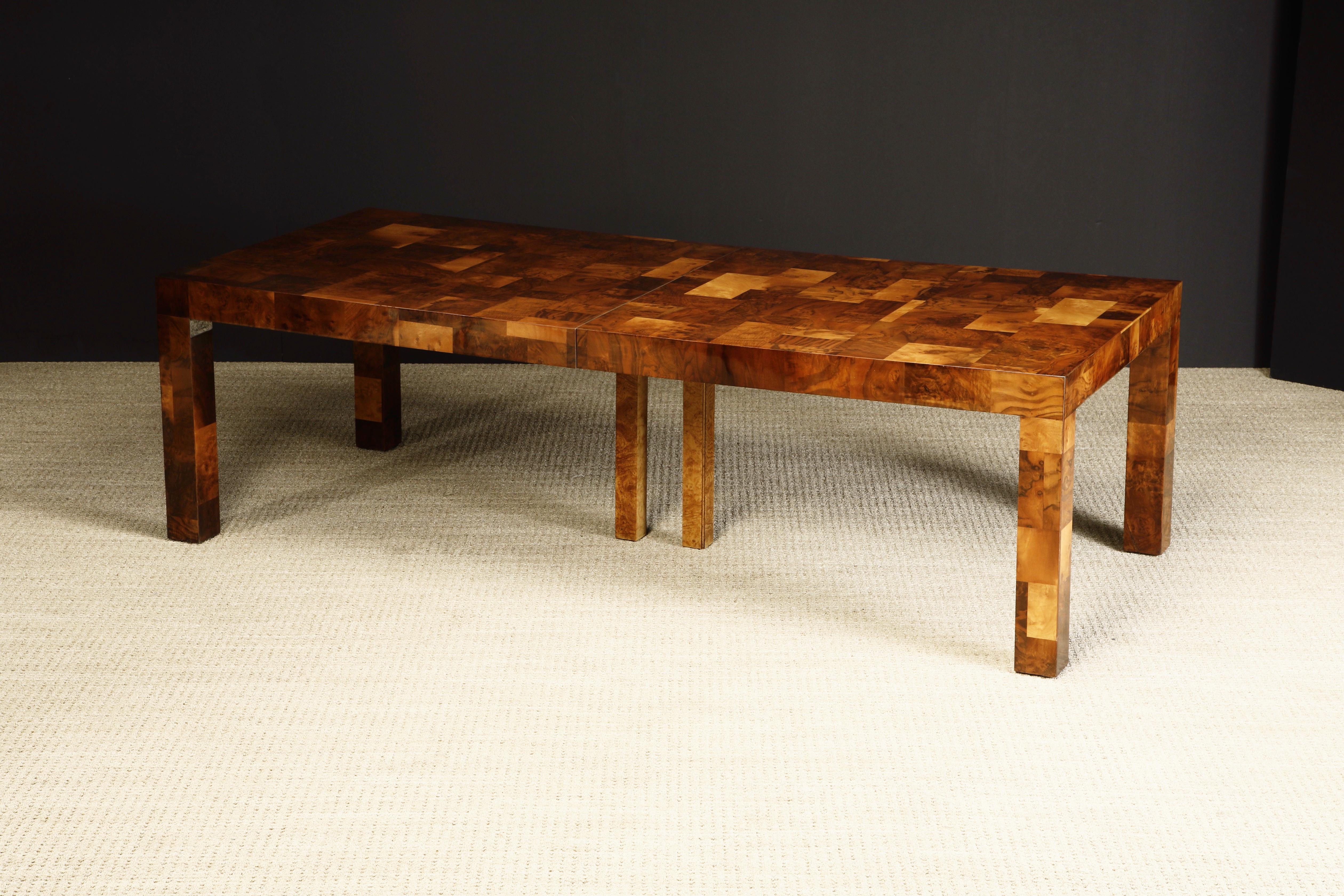 Modern Paul Evans Monumental Patchwork Burl Expandable Dining Table, c 1974, Signed