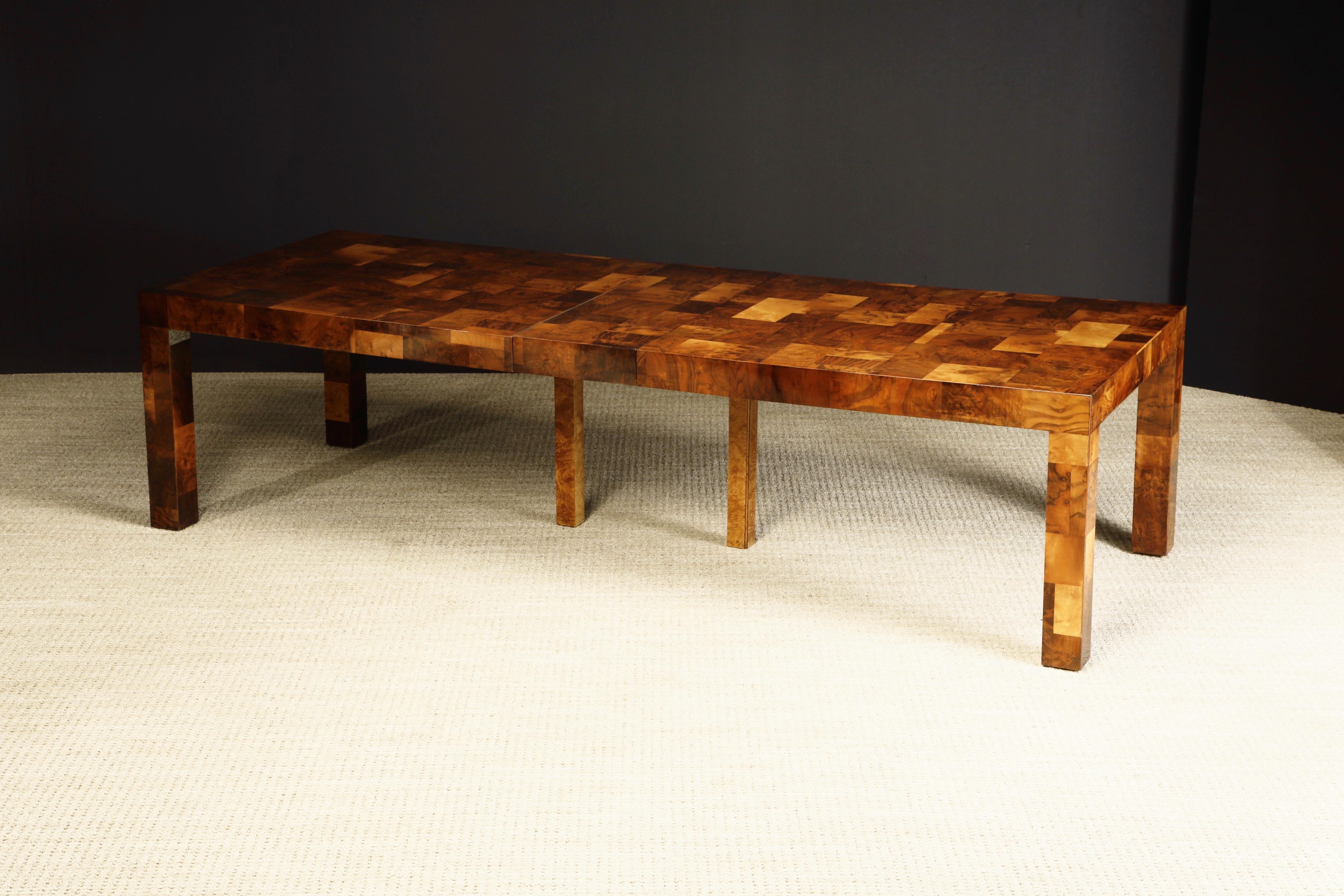 American Paul Evans Monumental Patchwork Burl Expandable Dining Table, c 1974, Signed