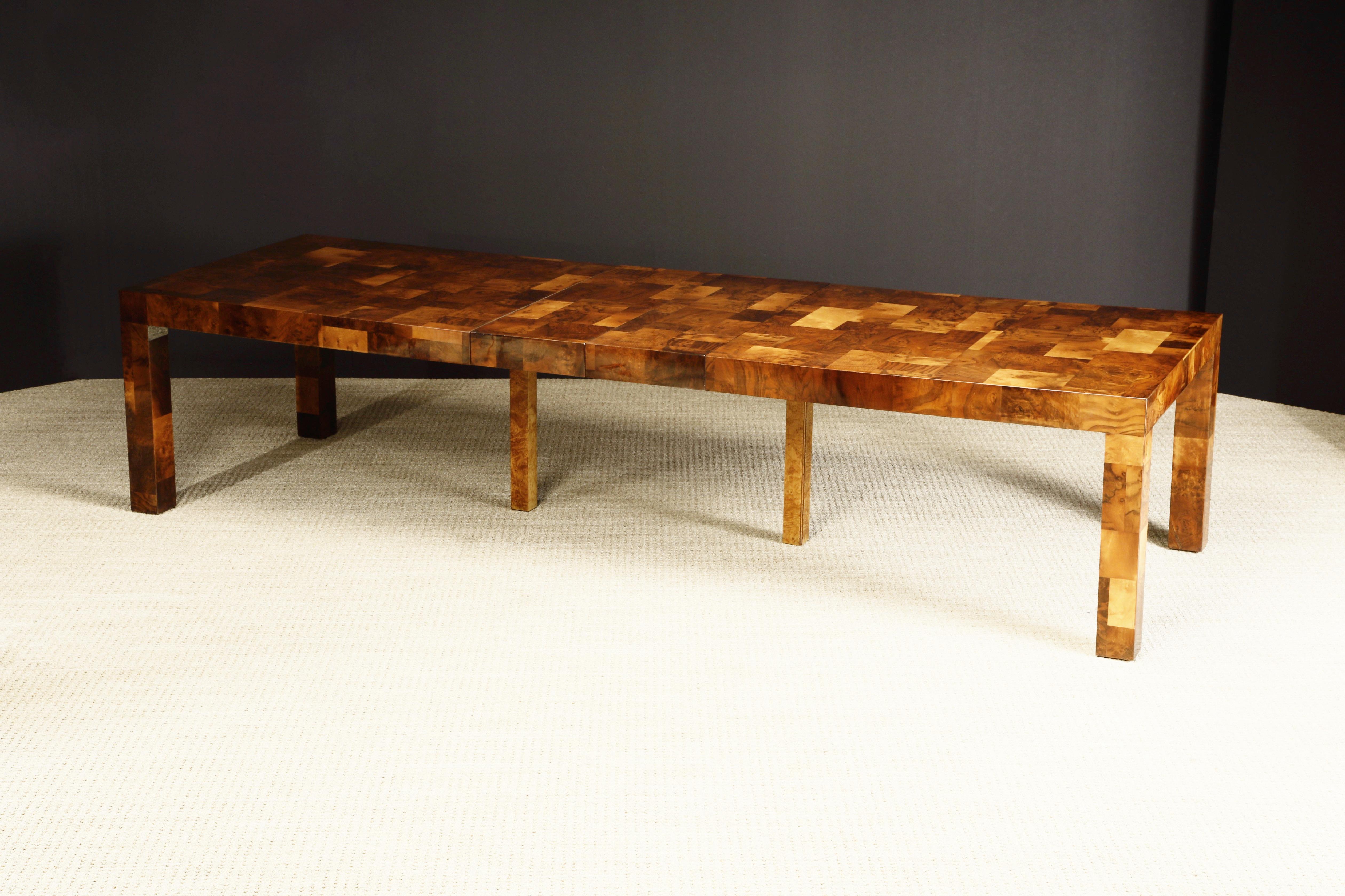 Paul Evans Monumental Patchwork Burl Expandable Dining Table, c 1974, Signed In Good Condition In Los Angeles, CA